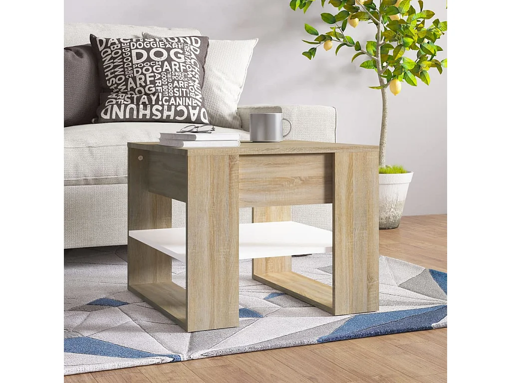 Mesa de centro madera contrachapada blanco y roble 55,5x55x45cm