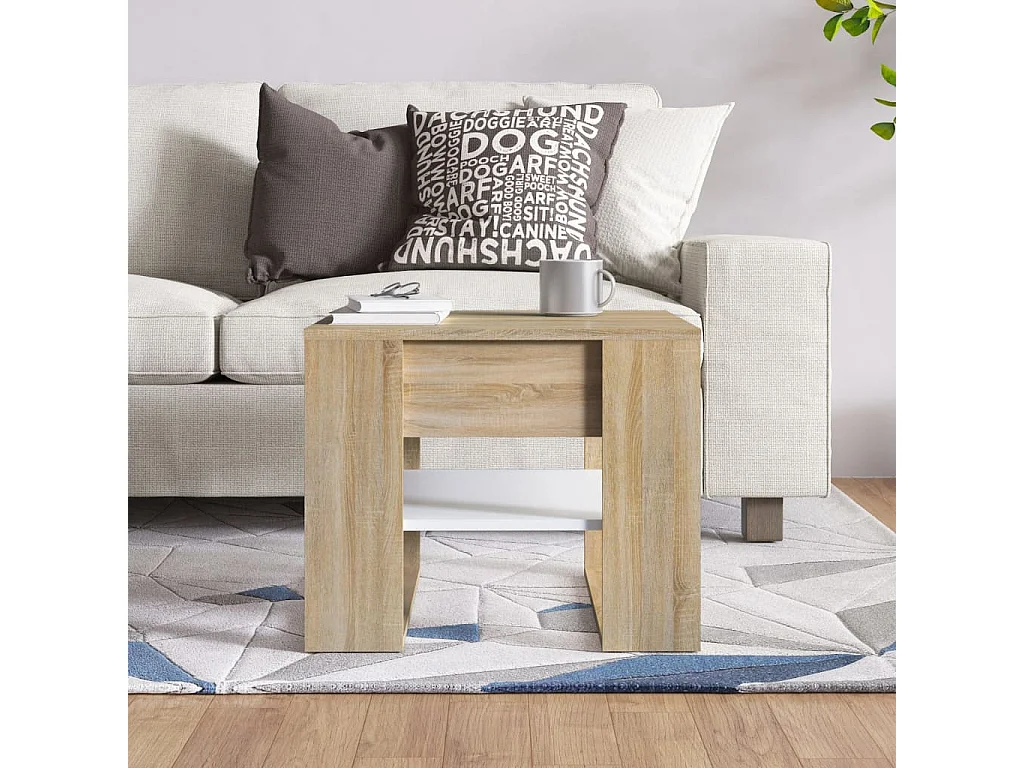 Mesa de centro madera contrachapada blanco y roble 55,5x55x45cm