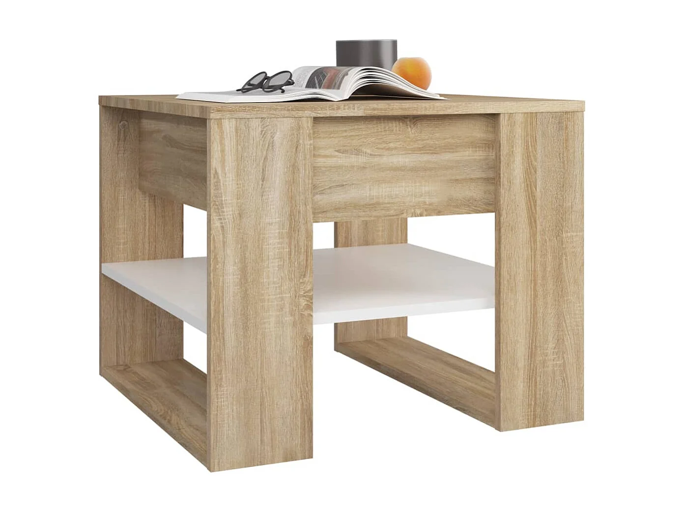 Mesa de centro madera contrachapada blanco y roble 55,5x55x45cm