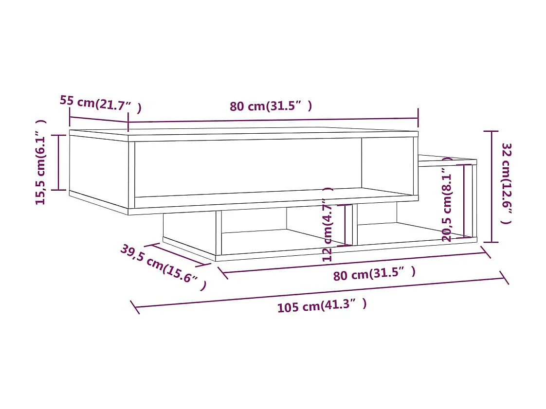 Mesa de centro 105x55x32cm derivados de madeira carvalho fumado
