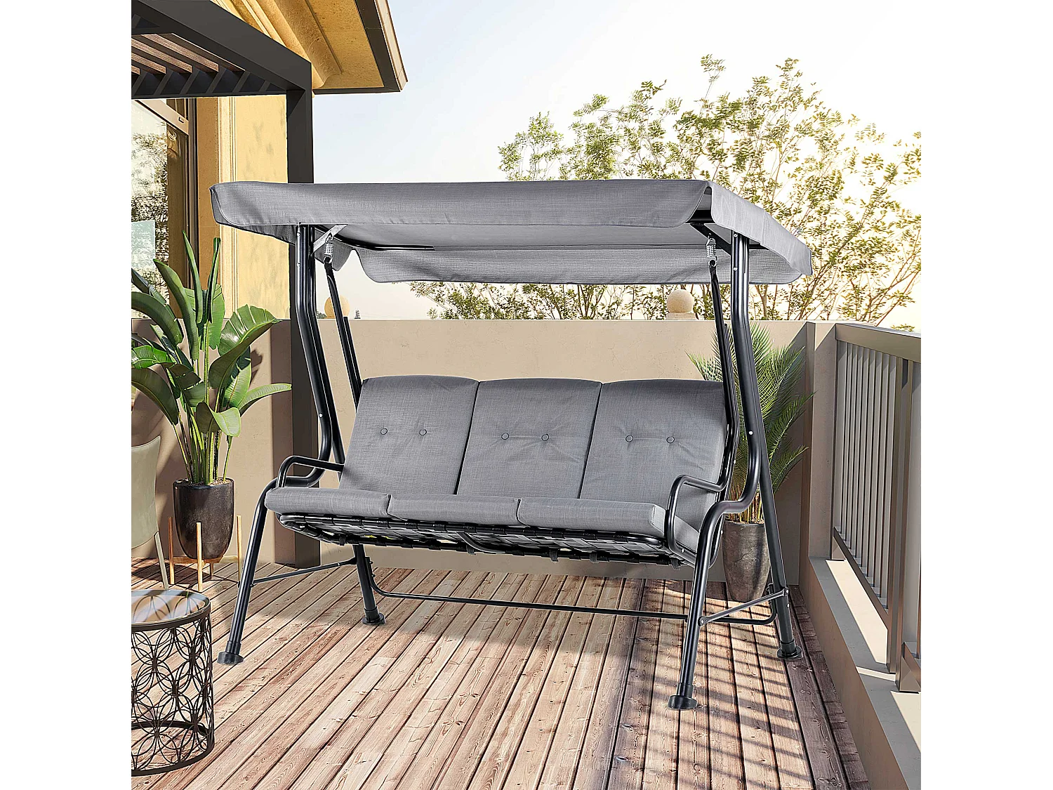 Balancelle de jardin 3 places grand confort toit inclinaison réglable épais coussins amovibles polyester acier époxy gris