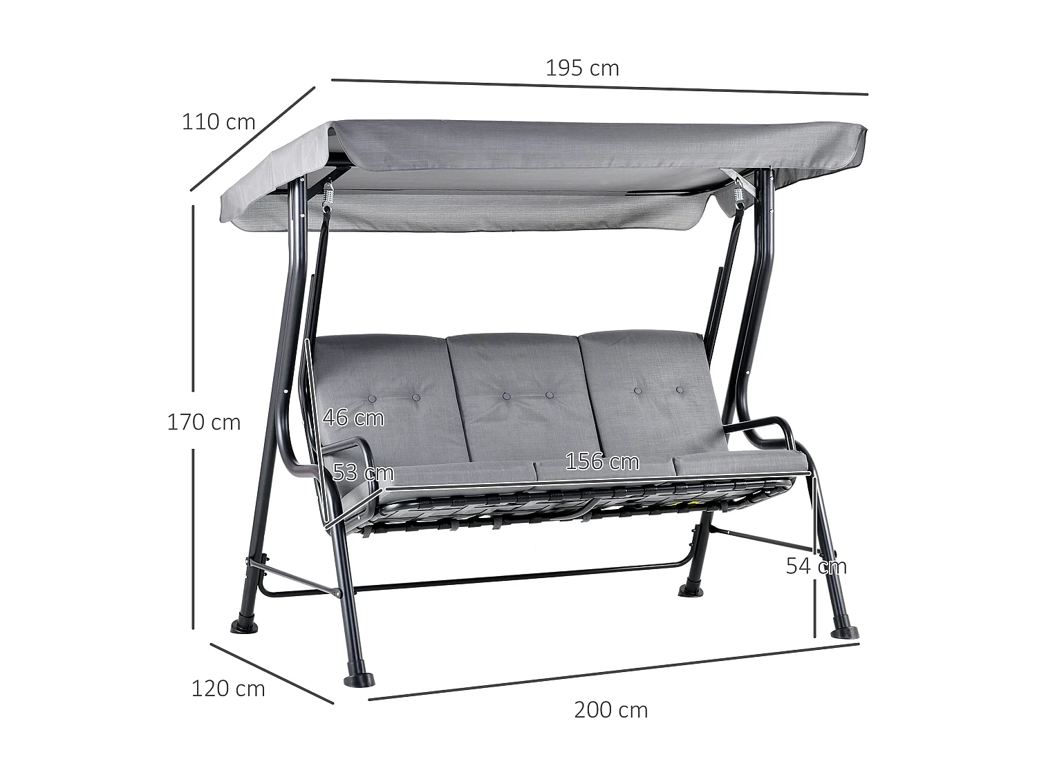 Balancelle de jardin 3 places grand confort toit inclinaison réglable épais coussins amovibles polyester acier époxy gris