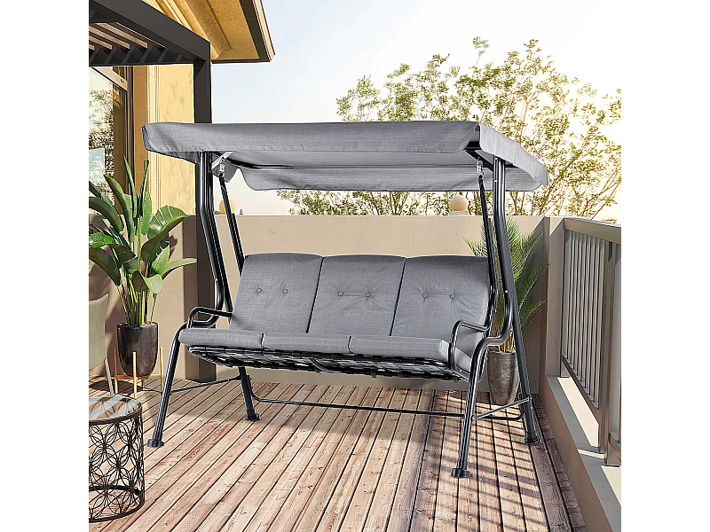 Balancelle de jardin 3 places grand confort toit inclinaison réglable épais coussins amovibles polyester acier époxy gris
