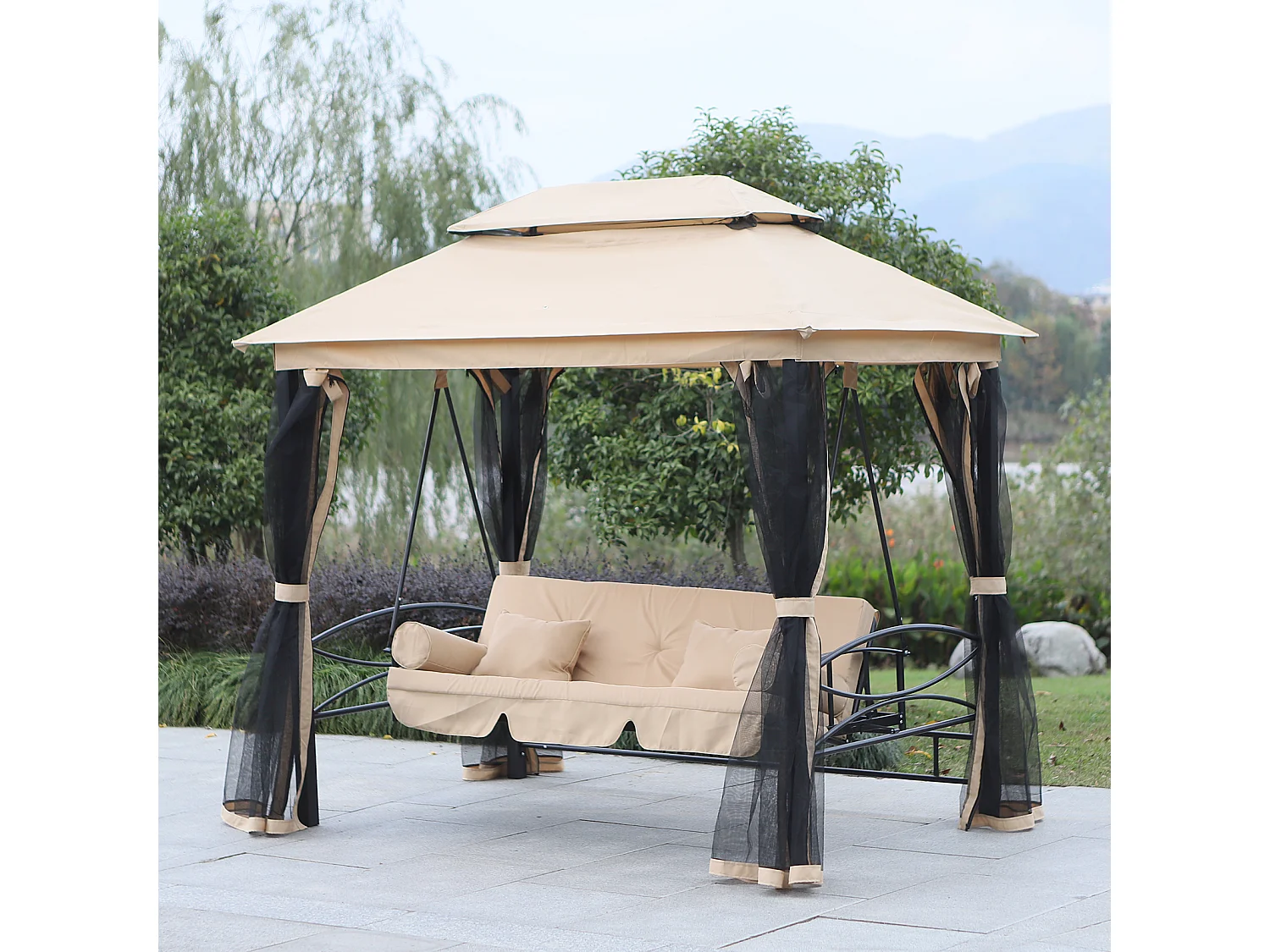 Balancelle de jardin 3 places convertible style colonial grand confort 5 coussins + matelas + moustiquaires inclus 2,56L x 1,72l x 2,48H m marron clair