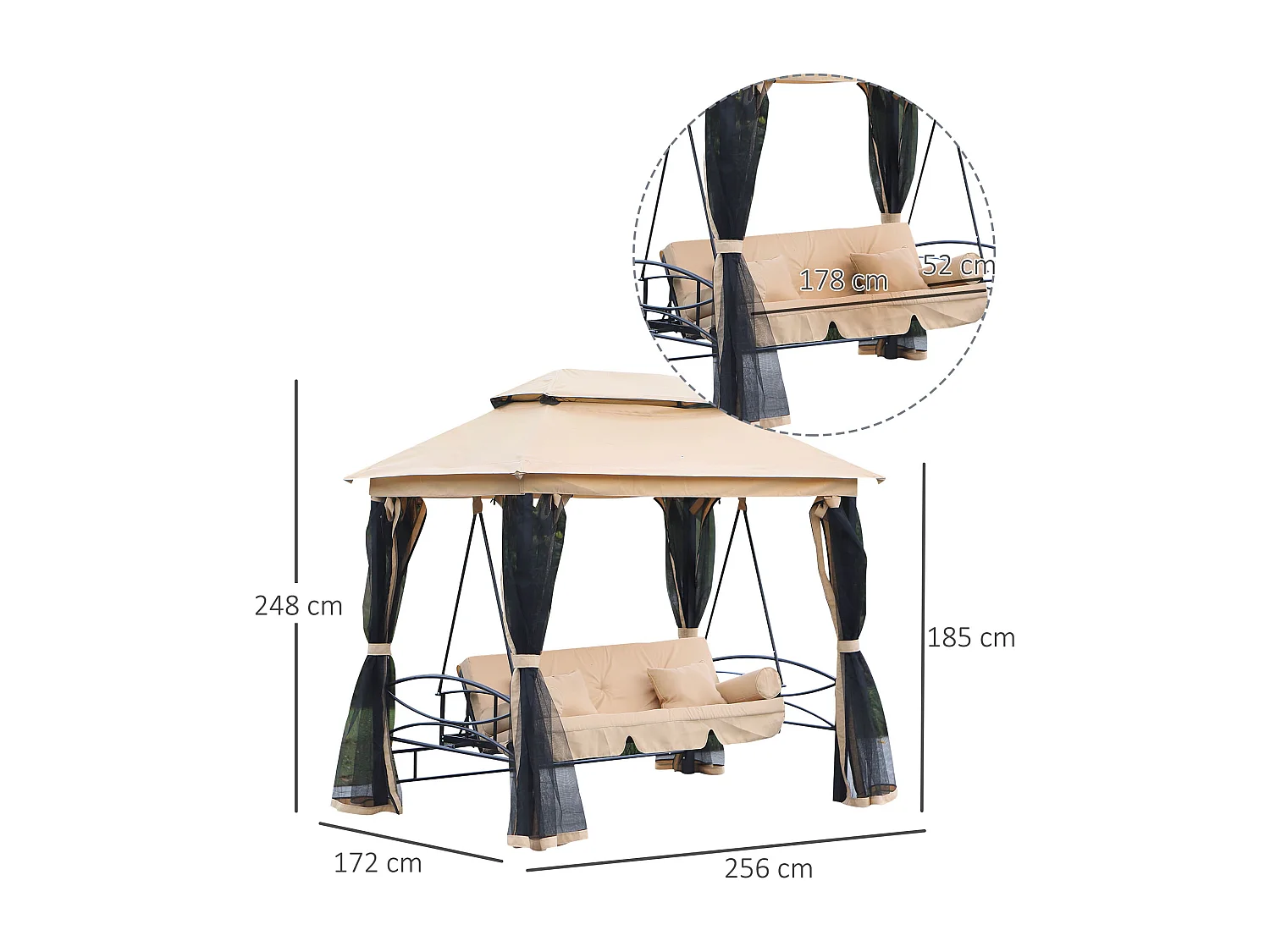 Balancelle de jardin 3 places convertible style colonial grand confort 5 coussins + matelas + moustiquaires inclus 2,56L x 1,72l x 2,48H m marron clair