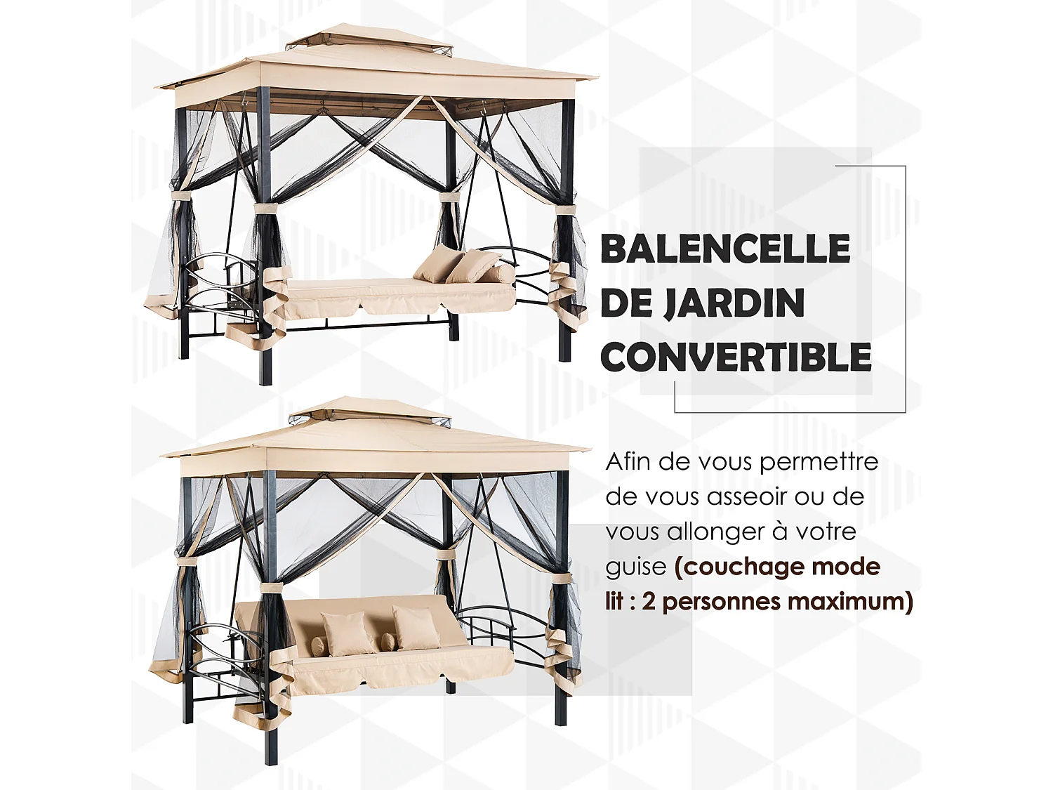 Balancelle de jardin 3 places convertible style colonial grand confort 5 coussins + matelas + moustiquaires inclus 2,56L x 1,72l x 2,48H m marron clair