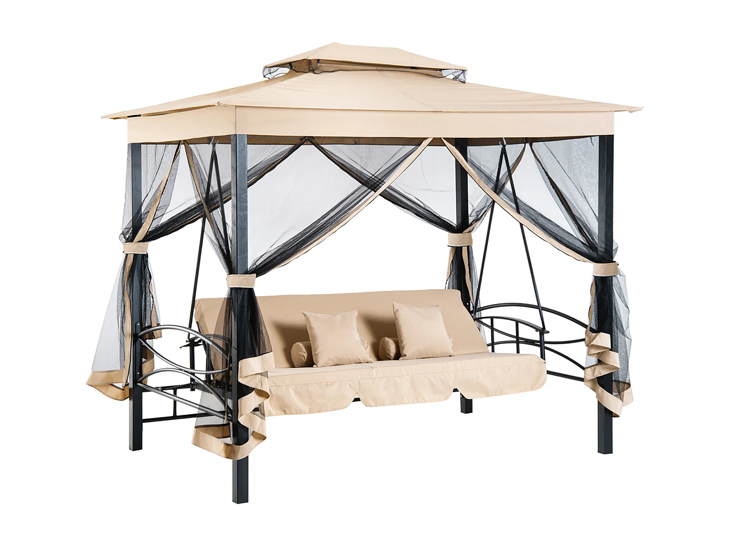 Balancelle de jardin 3 places convertible style colonial grand confort 5 coussins + matelas + moustiquaires inclus 2,56L x 1,72l x 2,48H m marron clair