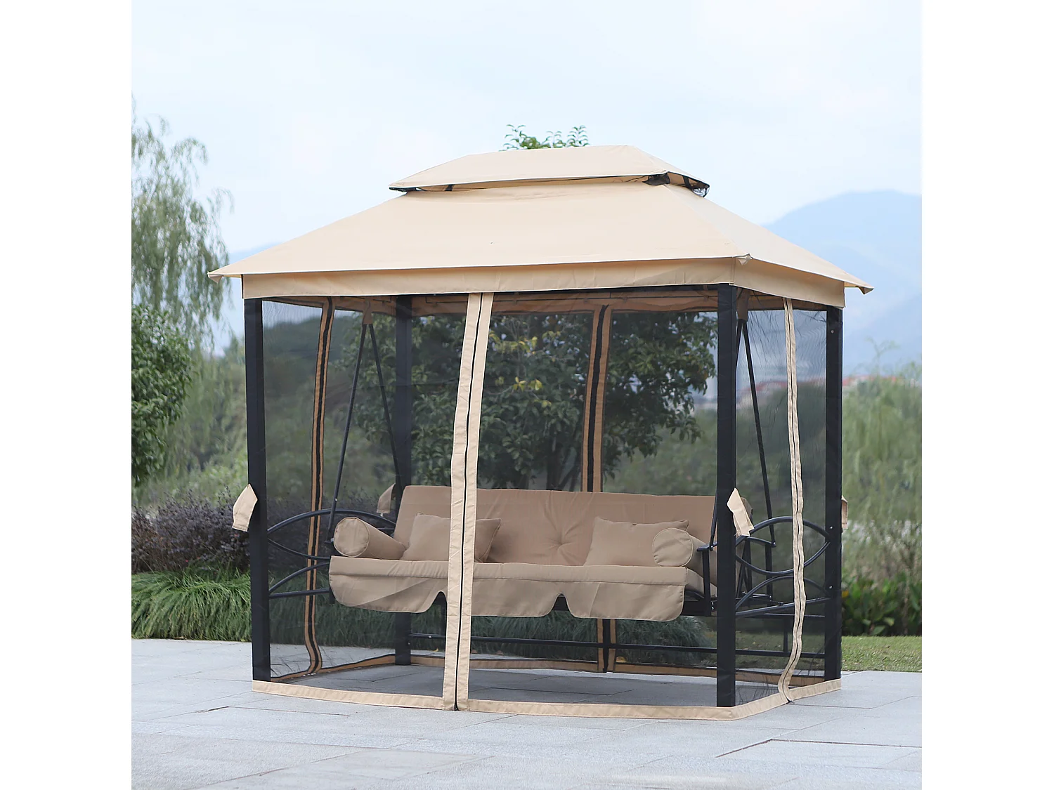 Balancelle de jardin 3 places convertible style colonial grand confort 5 coussins + matelas + moustiquaires inclus 2,56L x 1,72l x 2,48H m marron clair