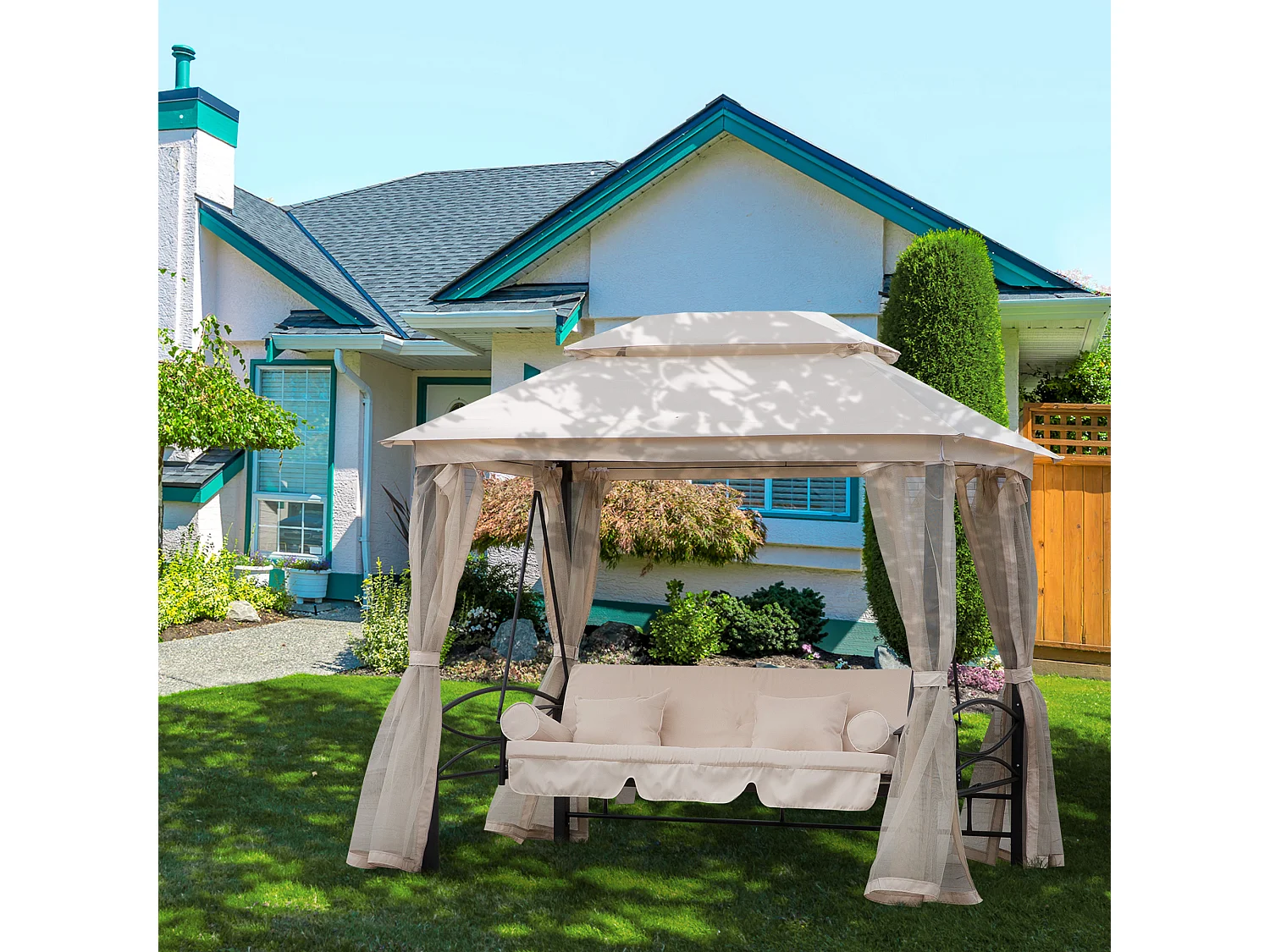 Balancelle de jardin 3 places convertible style colonial grand confort 2 coussins + matelas + moustiquaires inclus noir beige