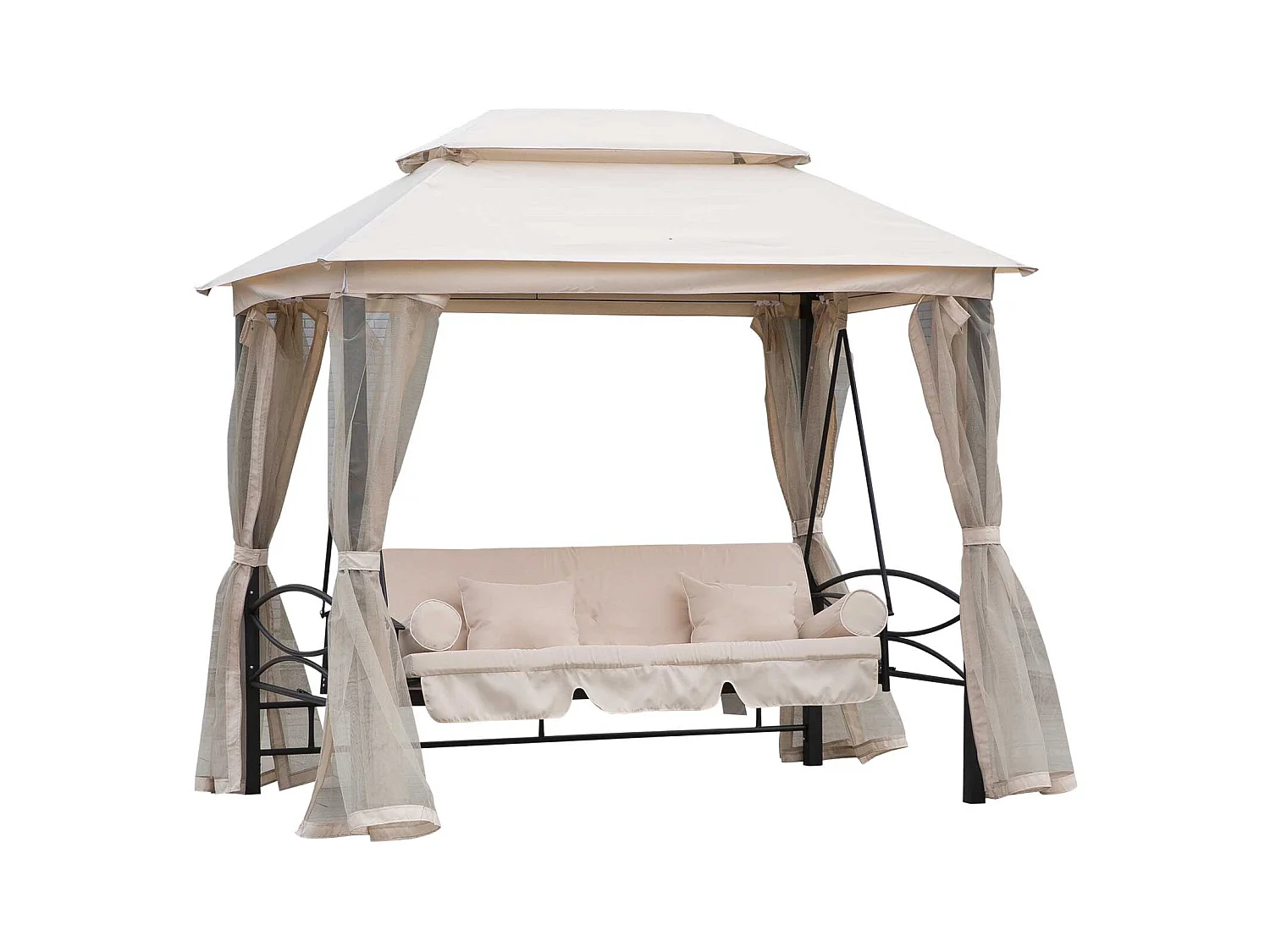 Balancelle de jardin 3 places convertible style colonial grand confort 2 coussins + matelas + moustiquaires inclus noir beige