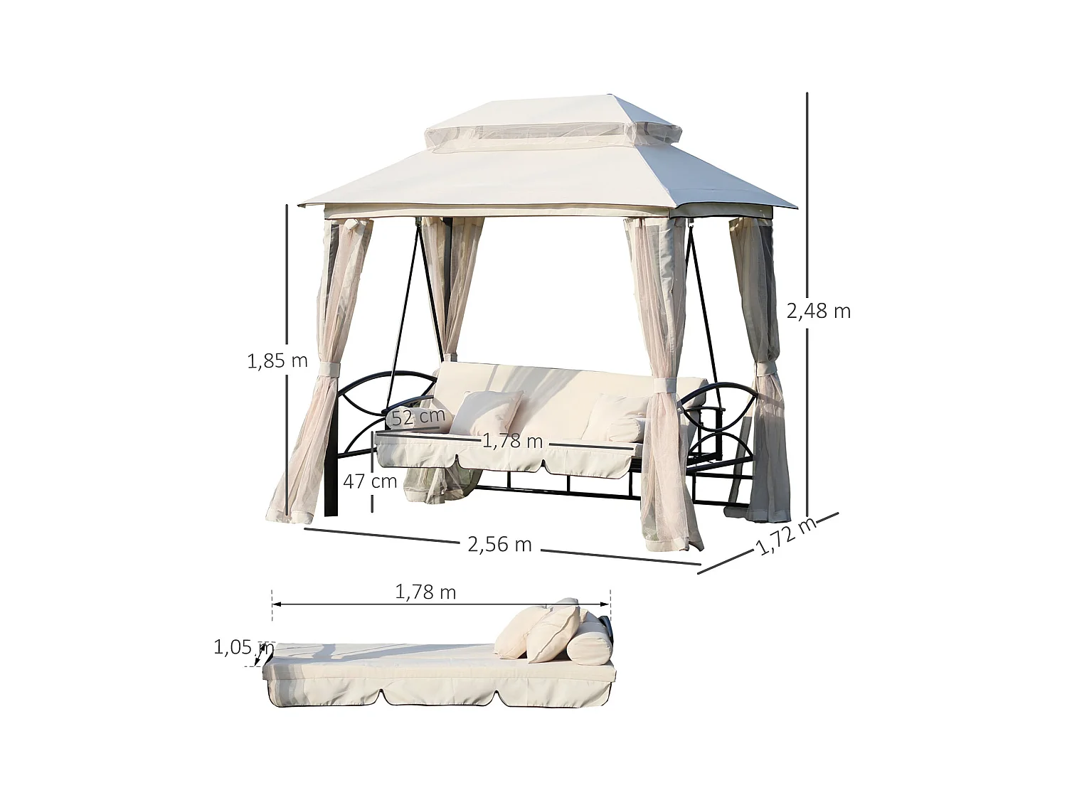 Balancelle de jardin 3 places convertible style colonial grand confort 2 coussins + matelas + moustiquaires inclus noir beige