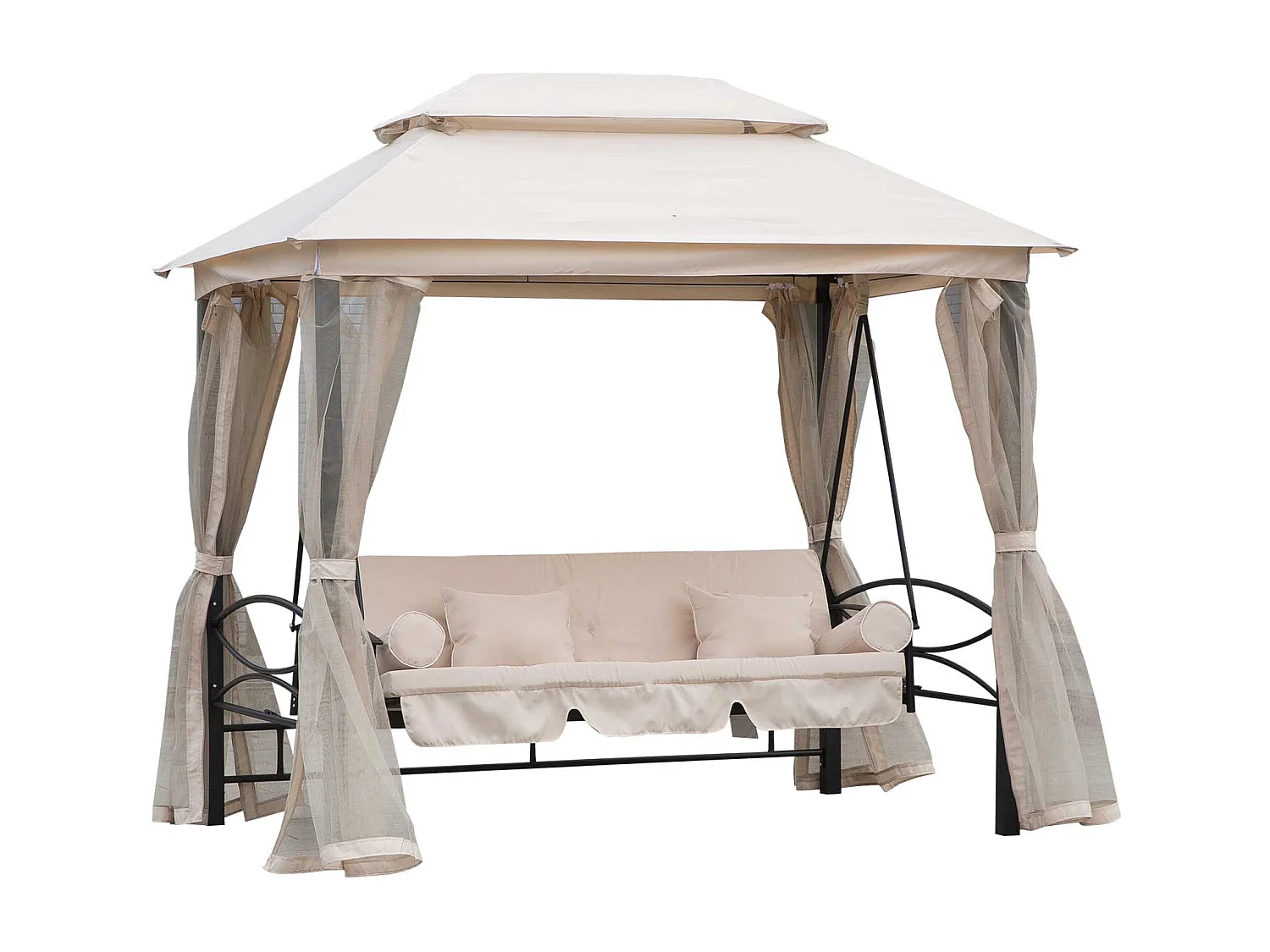 Balancelle de jardin 3 places convertible style colonial grand confort 2 coussins + matelas + moustiquaires inclus noir beige