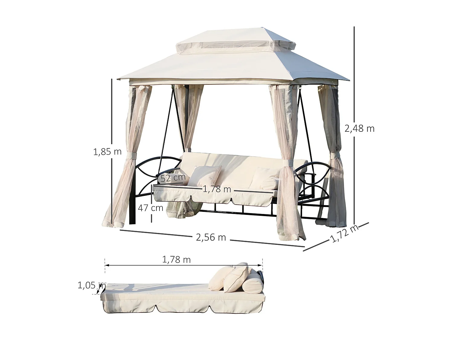 Balancelle de jardin 3 places convertible style colonial grand confort 2 coussins + matelas + moustiquaires inclus noir beige