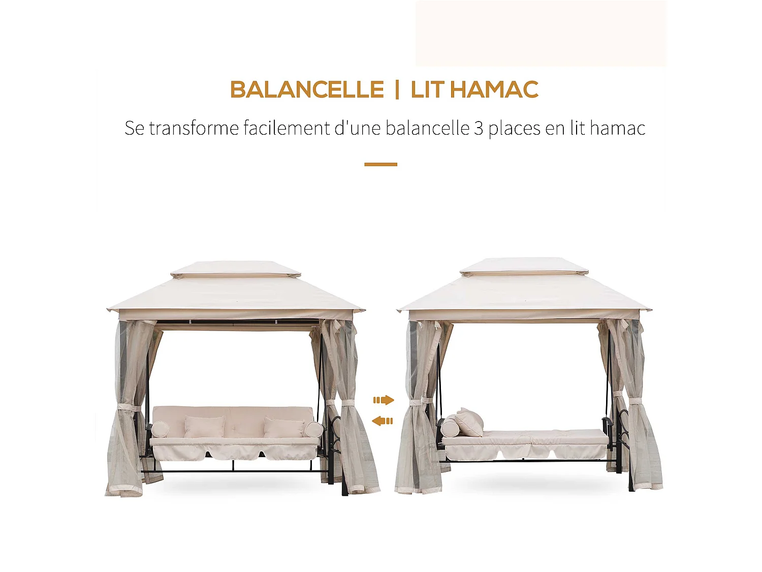 Balancelle de jardin 3 places convertible style colonial grand confort 2 coussins + matelas + moustiquaires inclus noir beige