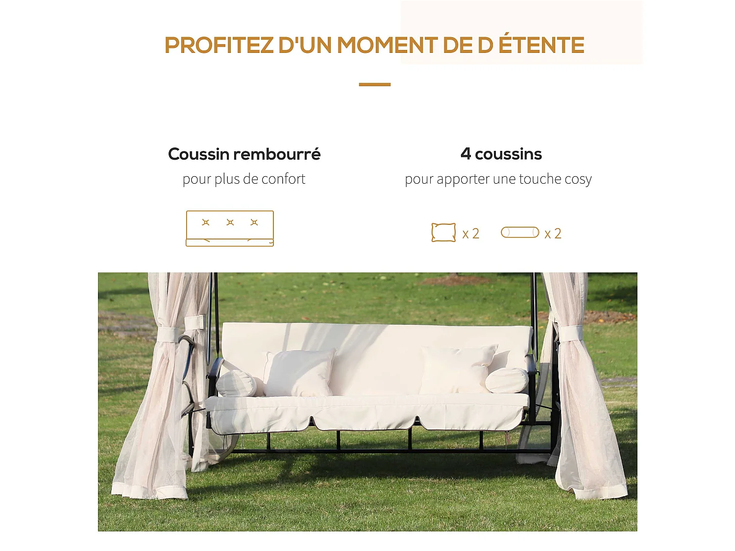 Balancelle de jardin 3 places convertible style colonial grand confort 2 coussins + matelas + moustiquaires inclus noir beige