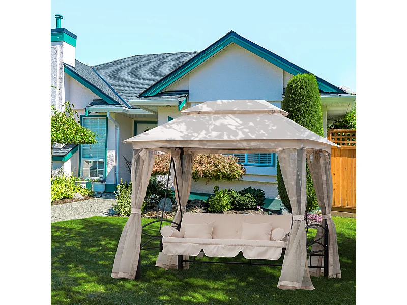 Balancelle de jardin 3 places convertible style colonial grand confort 2 coussins + matelas + moustiquaires inclus noir beige