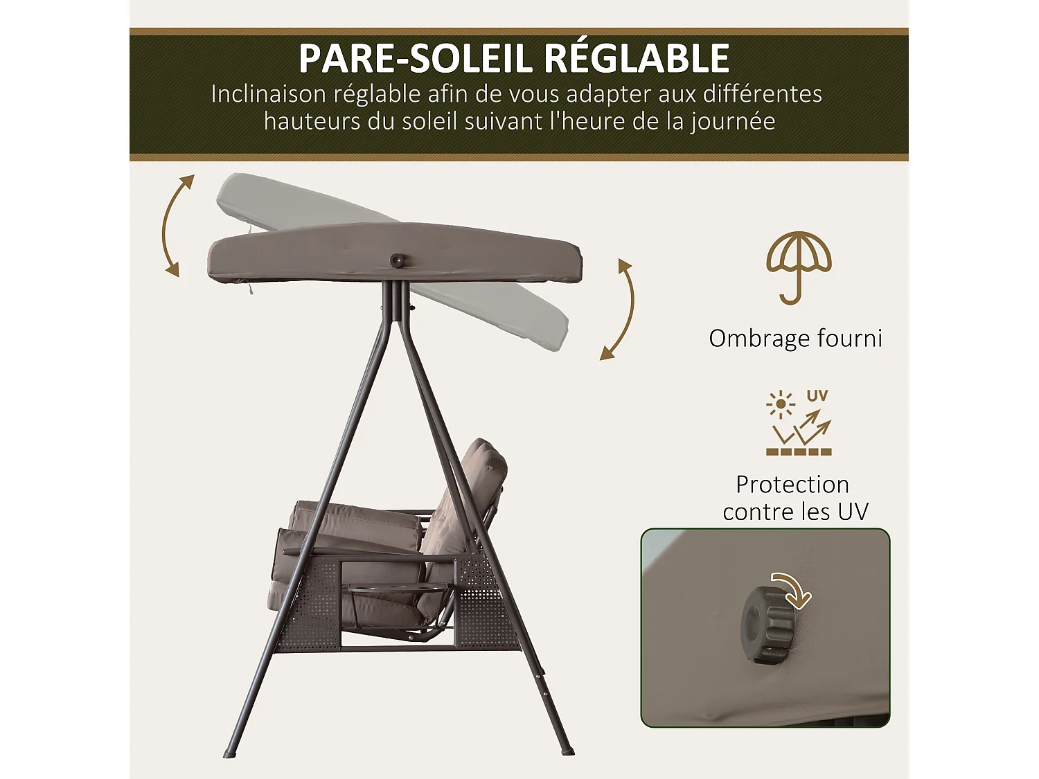 Balancelle de jardin 3 places grand confort toit inclinaison réglable coussins plateaux rétractables polyester filé marron