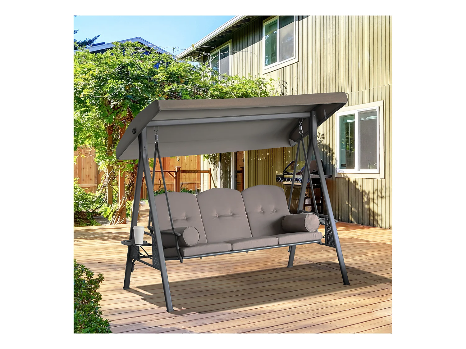 Balancelle de jardin 3 places grand confort toit inclinaison réglable coussins plateaux rétractables polyester filé marron
