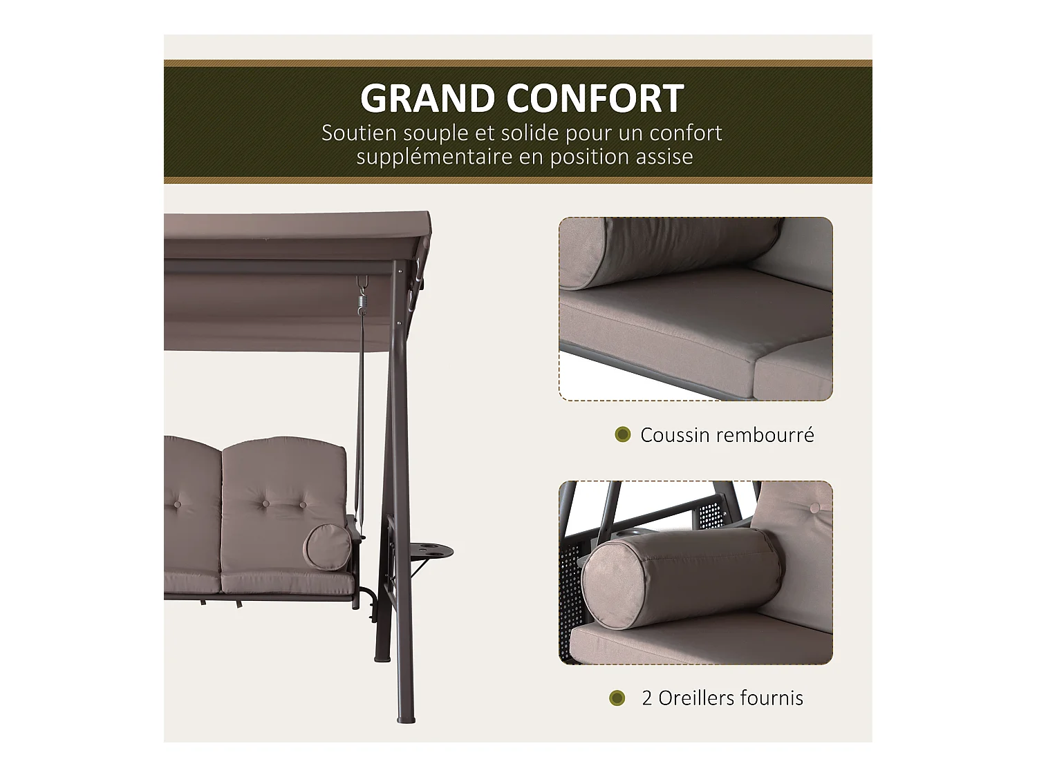Balancelle de jardin 3 places grand confort toit inclinaison réglable coussins plateaux rétractables polyester filé marron