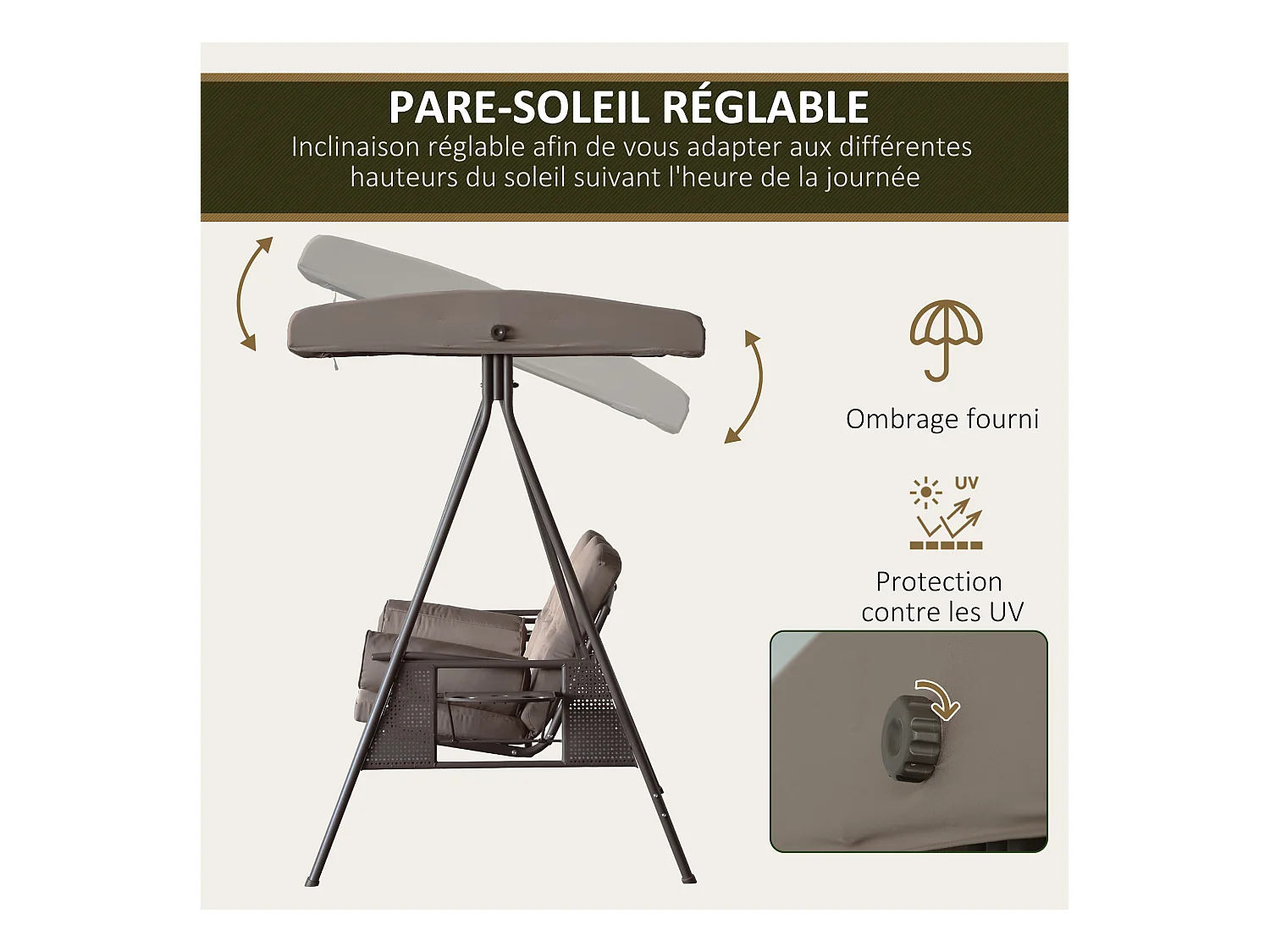 Balancelle de jardin 3 places grand confort toit inclinaison réglable coussins plateaux rétractables polyester filé marron