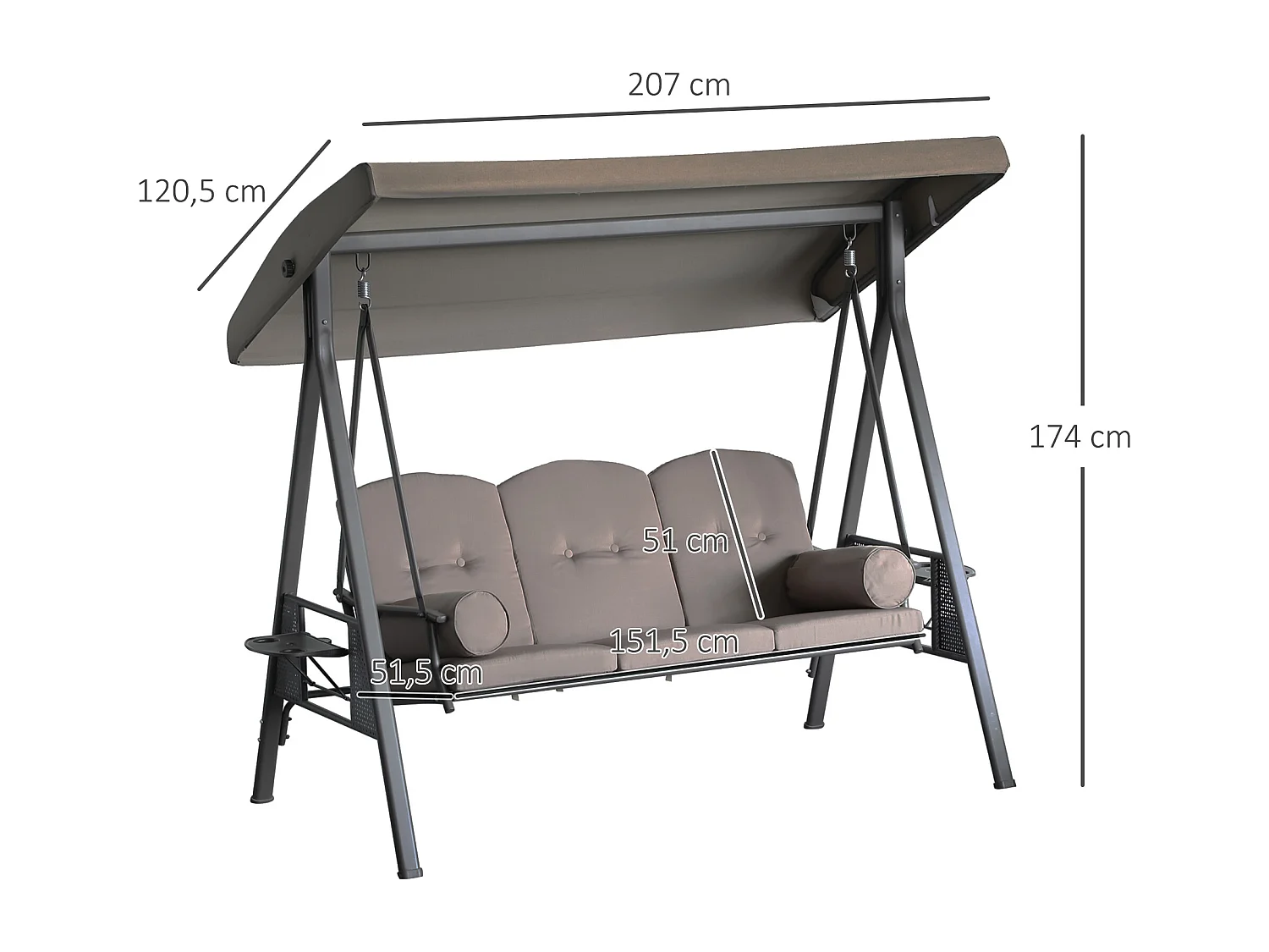 Balancelle de jardin 3 places grand confort toit inclinaison réglable coussins plateaux rétractables polyester filé marron