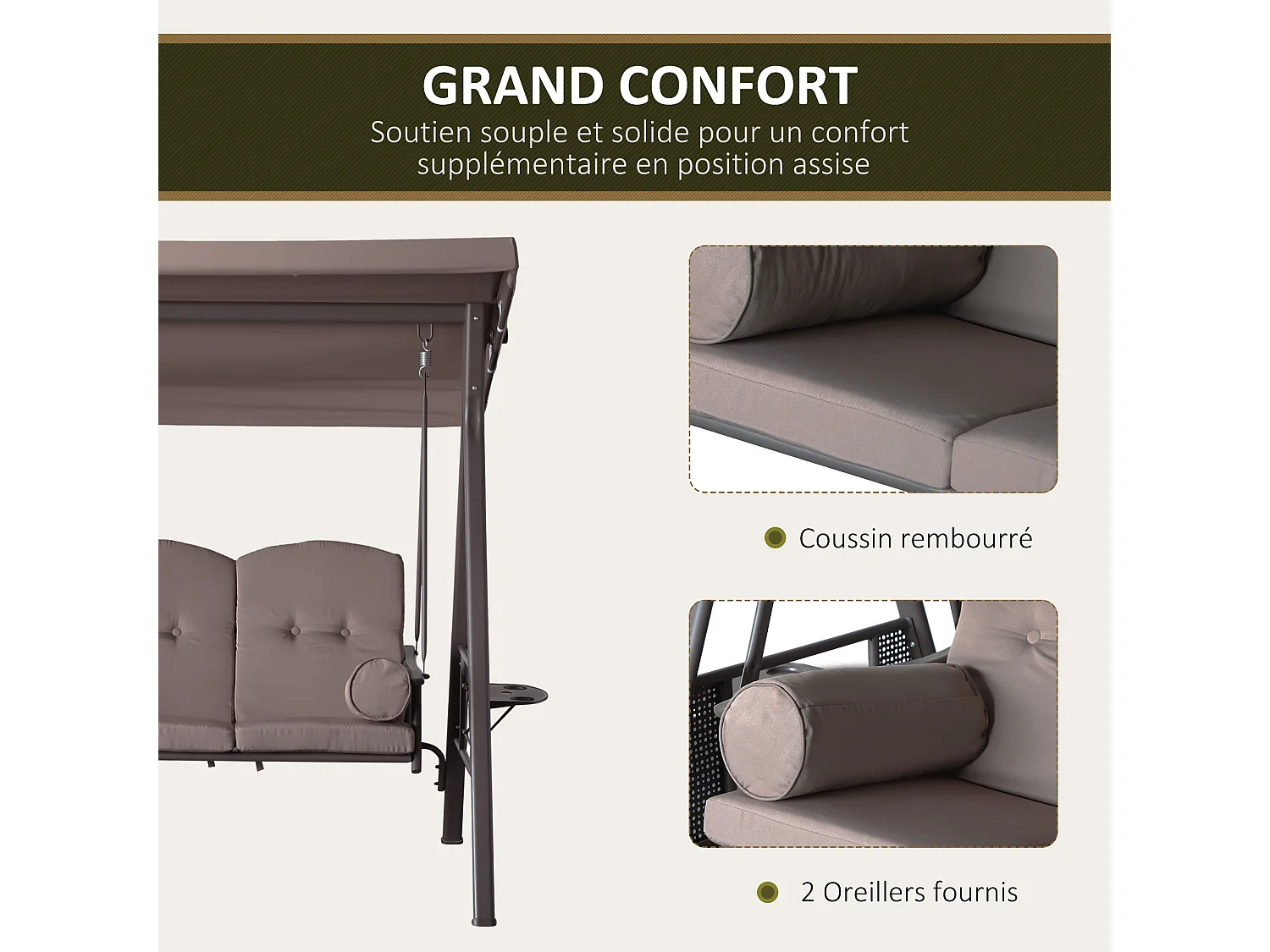 Balancelle de jardin 3 places grand confort toit inclinaison réglable coussins plateaux rétractables polyester filé marron