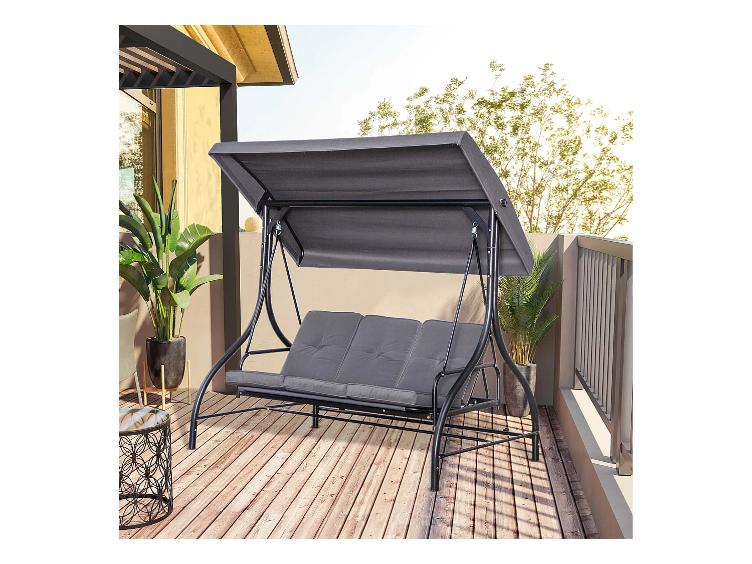 Balancelle de jardin 3 places convertible inclinaison toit réglable matelas grand confort rembourrage 8 cm fourni gris métal époxy noir