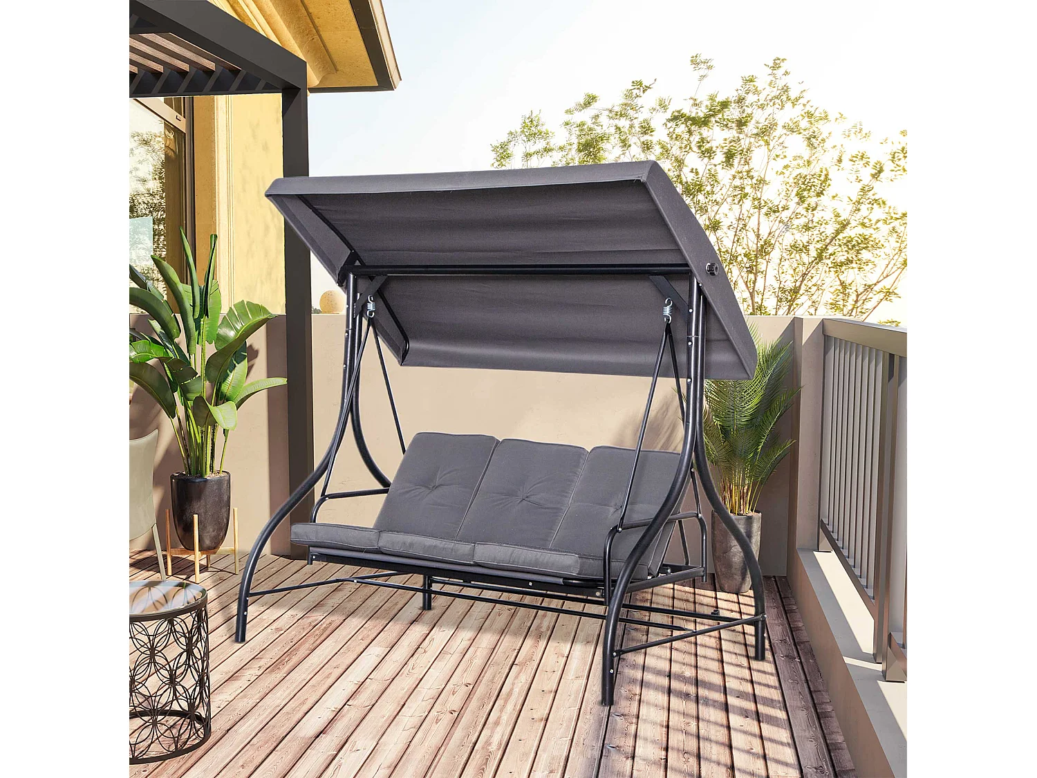 Balancelle de jardin 3 places convertible inclinaison toit réglable matelas grand confort rembourrage 8 cm fourni gris métal époxy noir