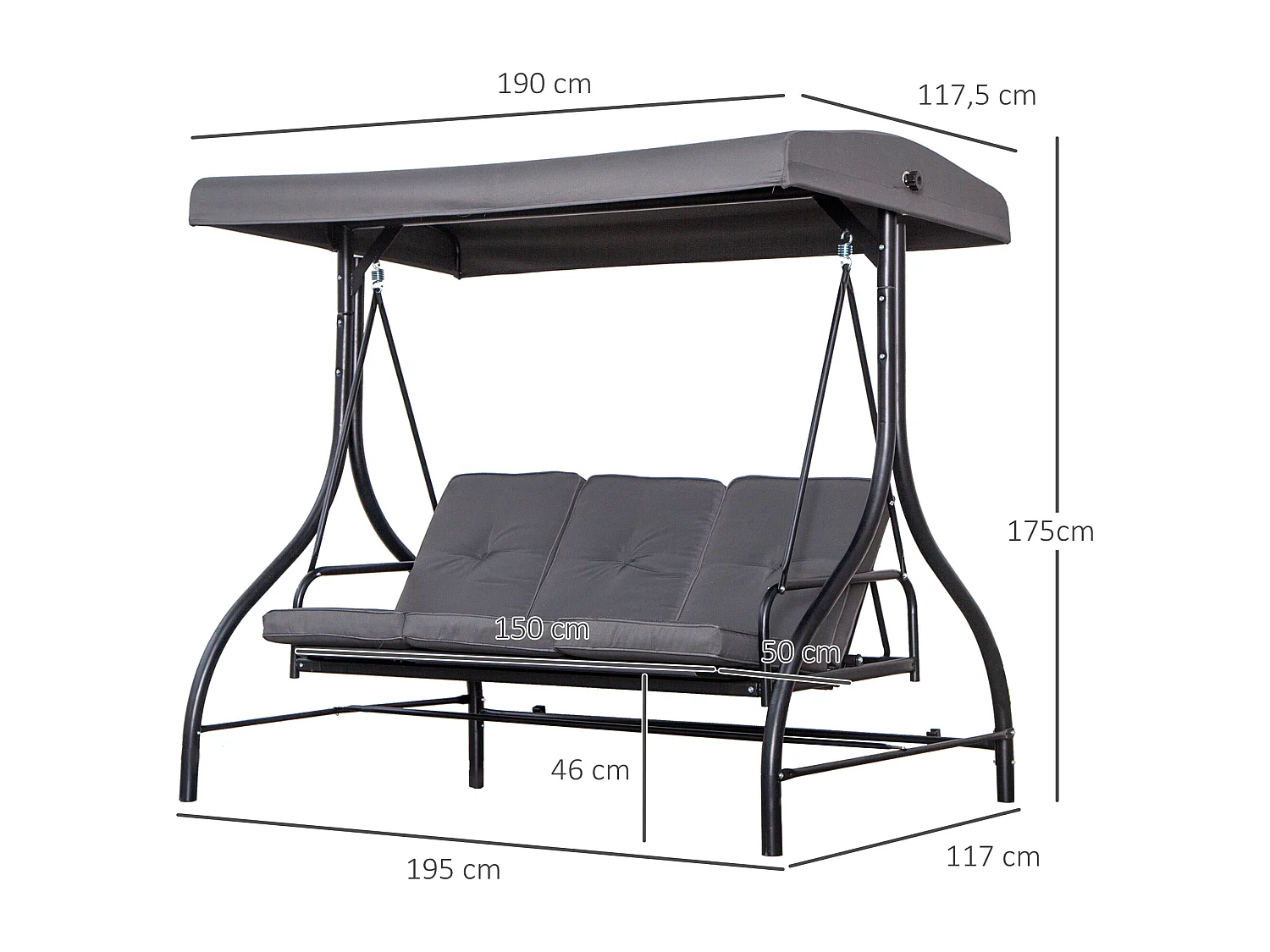 Balancelle de jardin 3 places convertible inclinaison toit réglable matelas grand confort rembourrage 8 cm fourni gris métal époxy noir