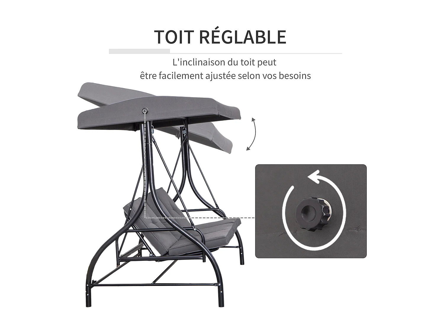 Balancelle de jardin 3 places convertible inclinaison toit réglable matelas grand confort rembourrage 8 cm fourni gris métal époxy noir