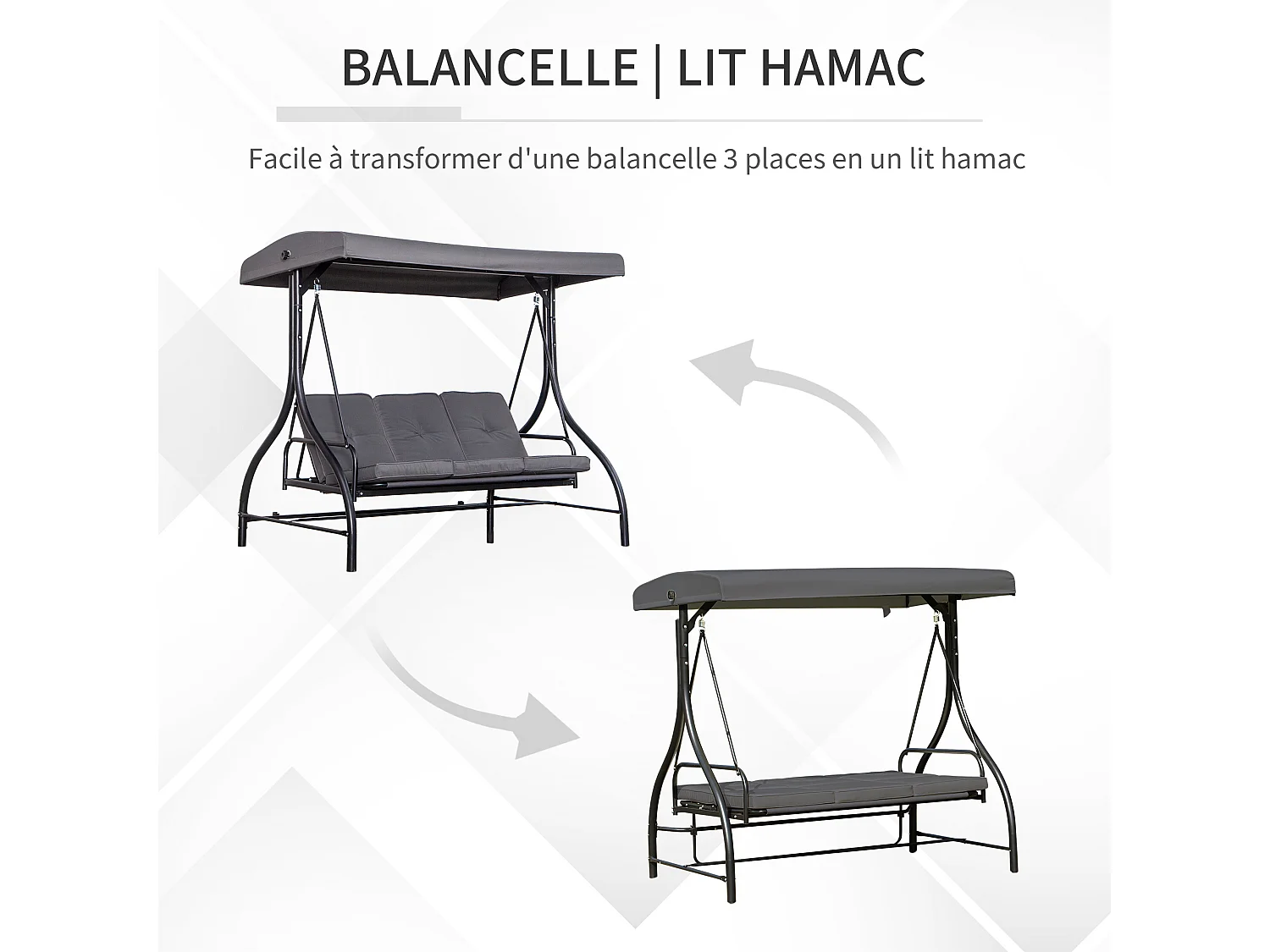Balancelle de jardin 3 places convertible inclinaison toit réglable matelas grand confort rembourrage 8 cm fourni gris métal époxy noir
