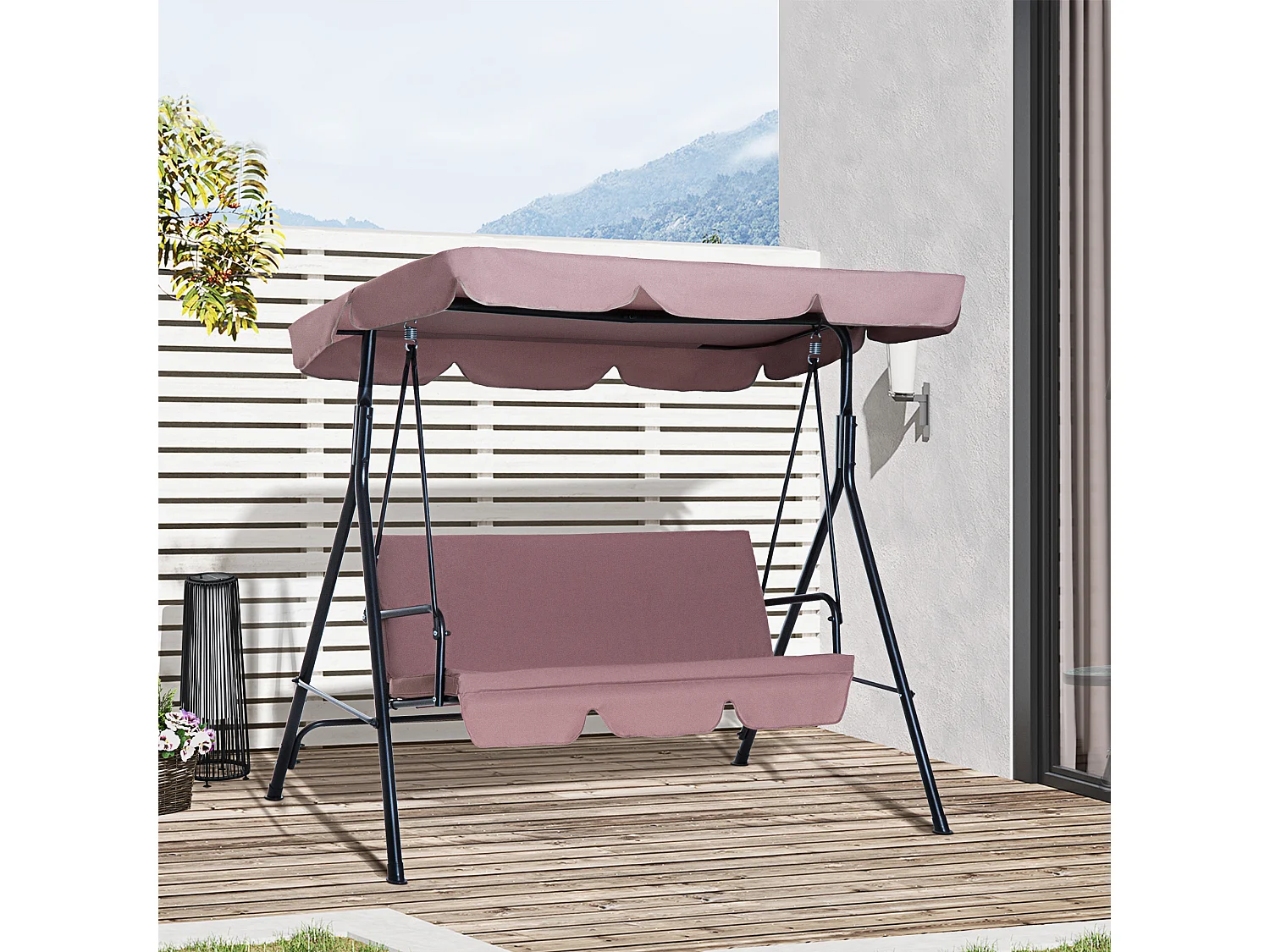 Balancelle de jardin 3 places toit inclinaison réglable coussins assise et dossier 1,72L x 1,1l x 1,52H m acier noir polyester marron clair