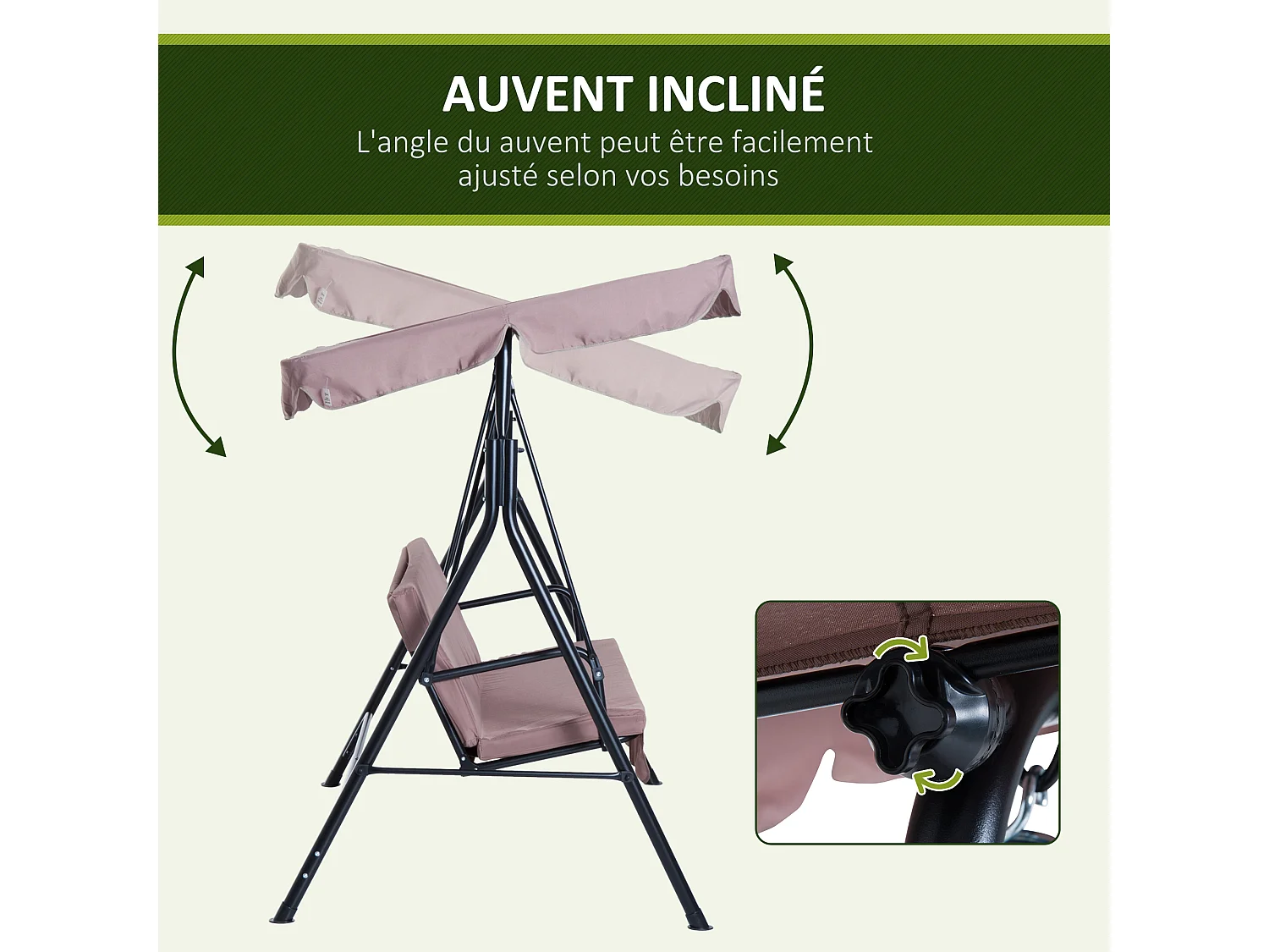 Balancelle de jardin 3 places toit inclinaison réglable coussins assise et dossier 1,72L x 1,1l x 1,52H m acier noir polyester marron clair