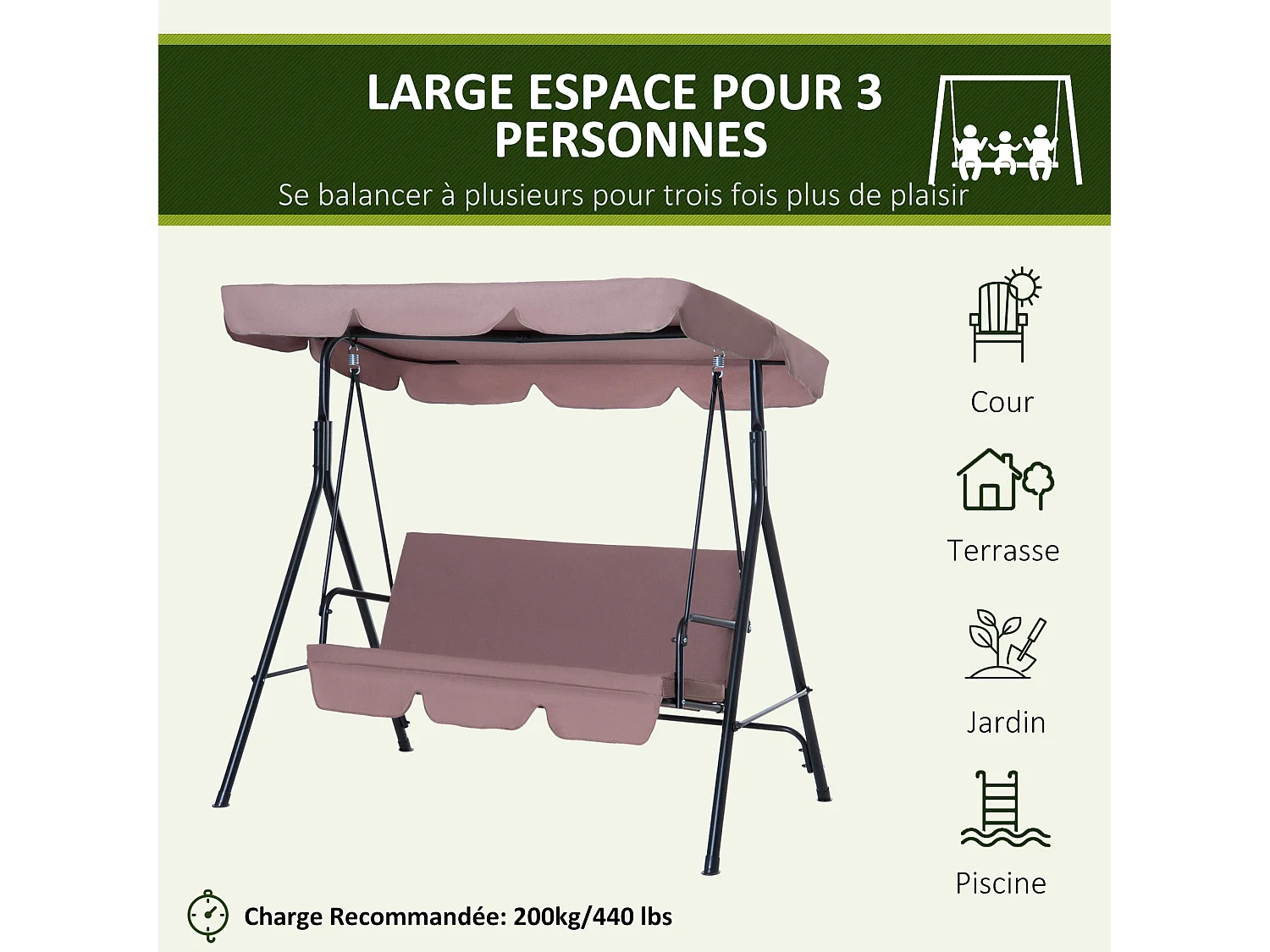 Balancelle de jardin 3 places toit inclinaison réglable coussins assise et dossier 1,72L x 1,1l x 1,52H m acier noir polyester marron clair
