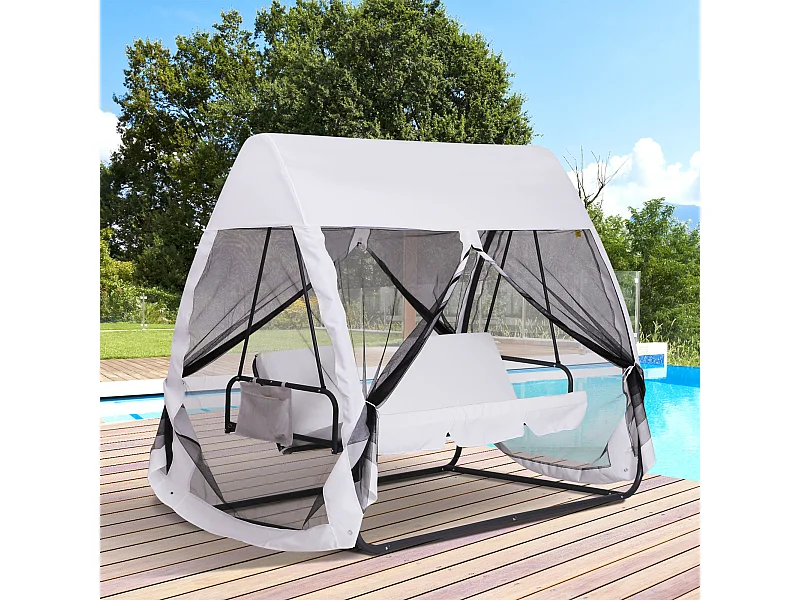 Balancelle de jardin convertible 3 places grand confort : matelas assise dossier, moustiquaire intégrale zippée avec toit,  pochette rangement métal époxy polyester