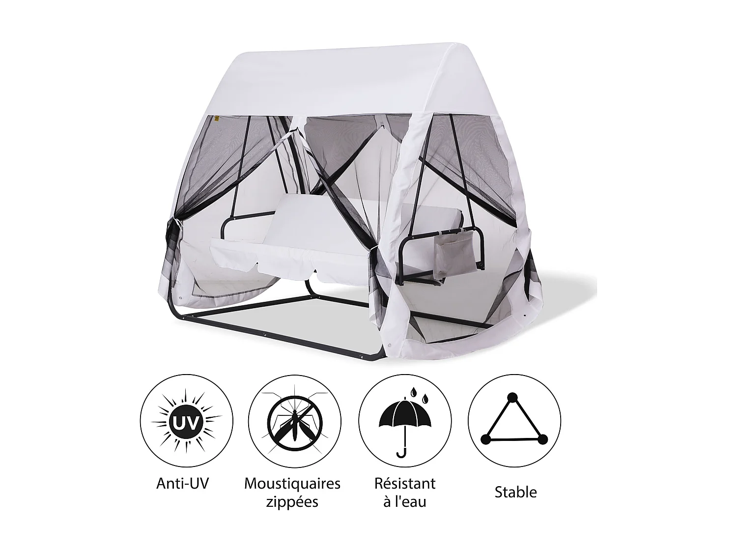 Balancelle de jardin convertible 3 places grand confort : matelas assise dossier, moustiquaire intégrale zippée avec toit,  pochette rangement métal époxy polyester