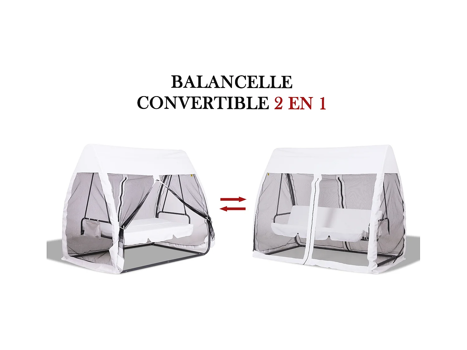 Balancelle de jardin convertible 3 places grand confort : matelas assise dossier, moustiquaire intégrale zippée avec toit,  pochette rangement métal époxy polyester