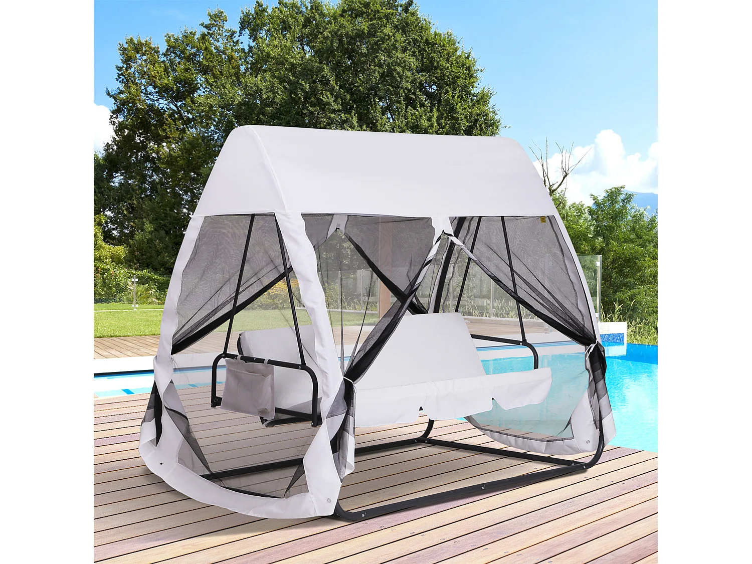 Balancelle de jardin convertible 3 places grand confort : matelas assise dossier, moustiquaire intégrale zippée avec toit,  pochette rangement métal époxy polyester