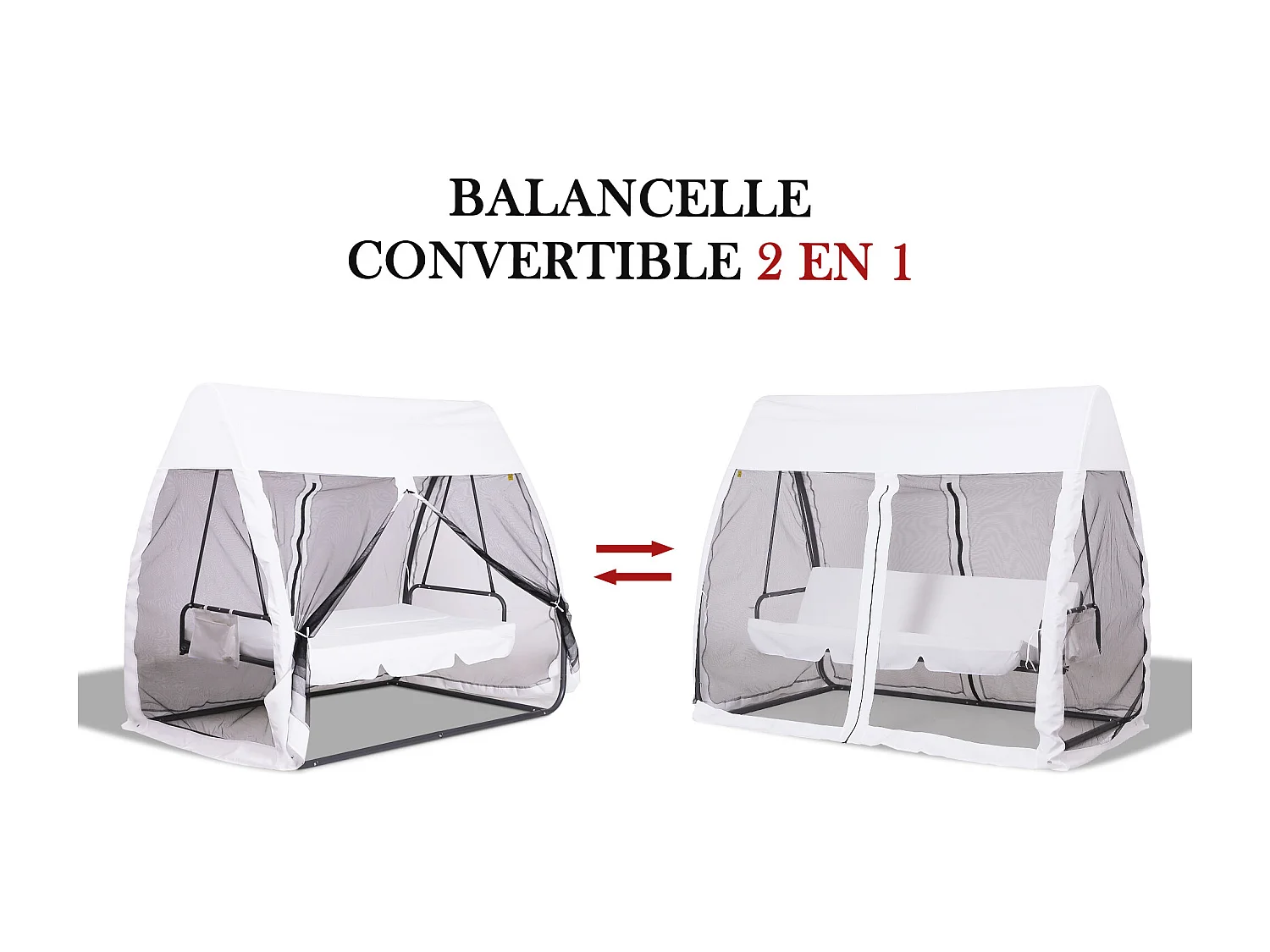 Balancelle de jardin convertible 3 places grand confort : matelas assise dossier, moustiquaire intégrale zippée avec toit,  pochette rangement métal époxy polyester