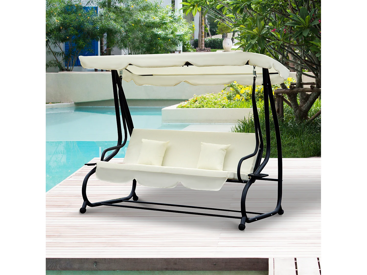 Balancelle de jardin 3 places convertible toit inclinaison réglable 2 tablettes support acier époxy gris polyester crème