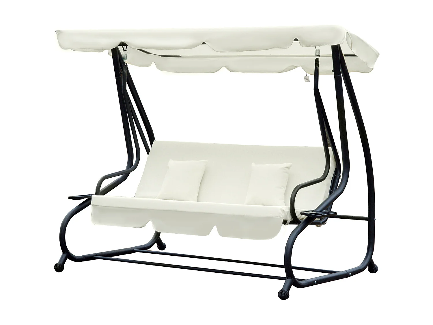 Balancelle de jardin 3 places convertible toit inclinaison réglable 2 tablettes support acier époxy gris polyester crème