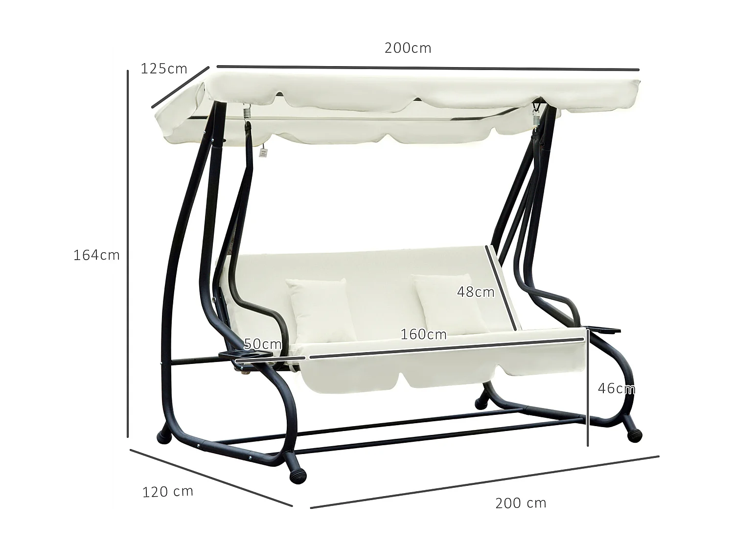 Balancelle de jardin 3 places convertible toit inclinaison réglable 2 tablettes support acier époxy gris polyester crème