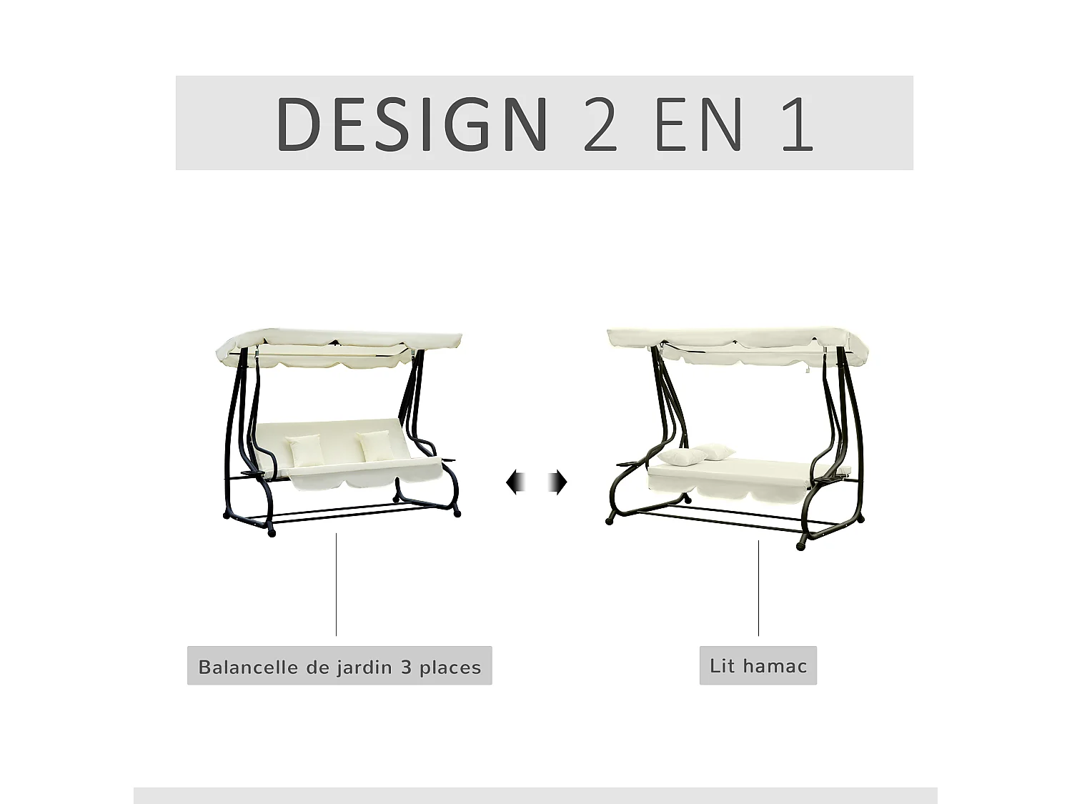 Balancelle de jardin 3 places convertible toit inclinaison réglable 2 tablettes support acier époxy gris polyester crème