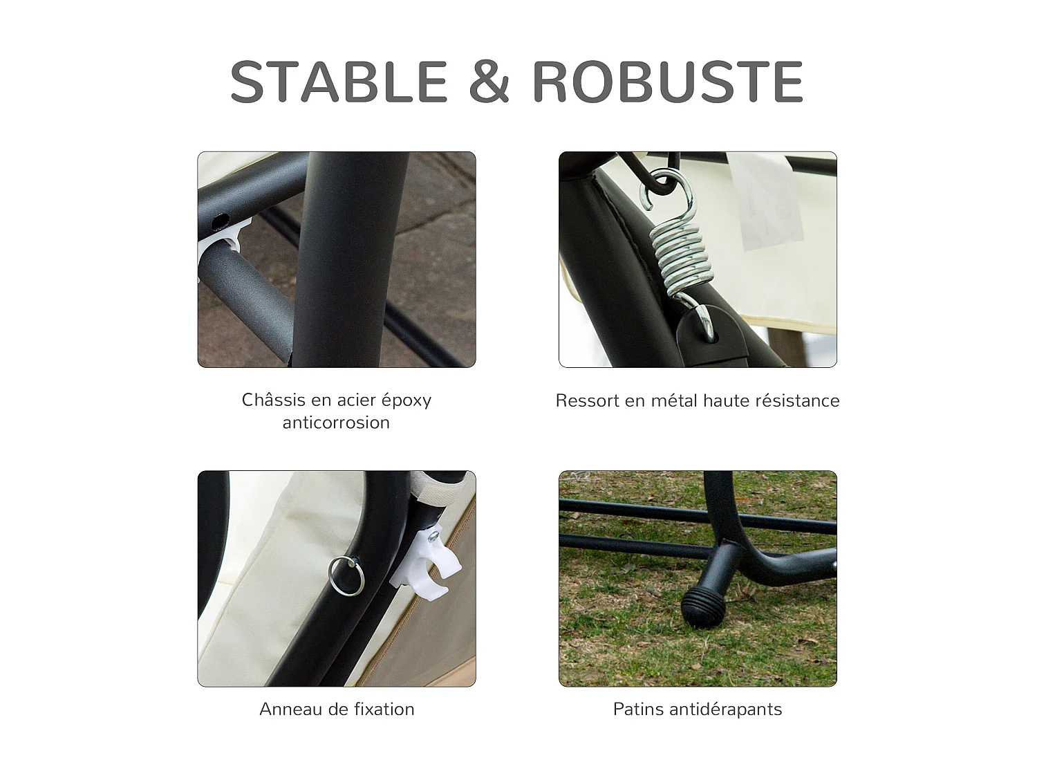 Balancelle de jardin 3 places convertible toit inclinaison réglable 2 tablettes support acier époxy gris polyester crème