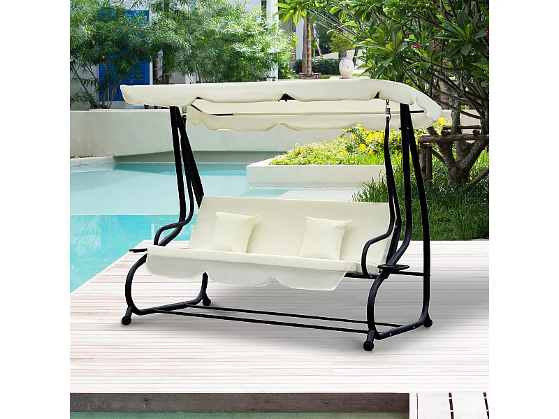 Balancelle de jardin 3 places convertible toit inclinaison réglable 2 tablettes support acier époxy gris polyester crème