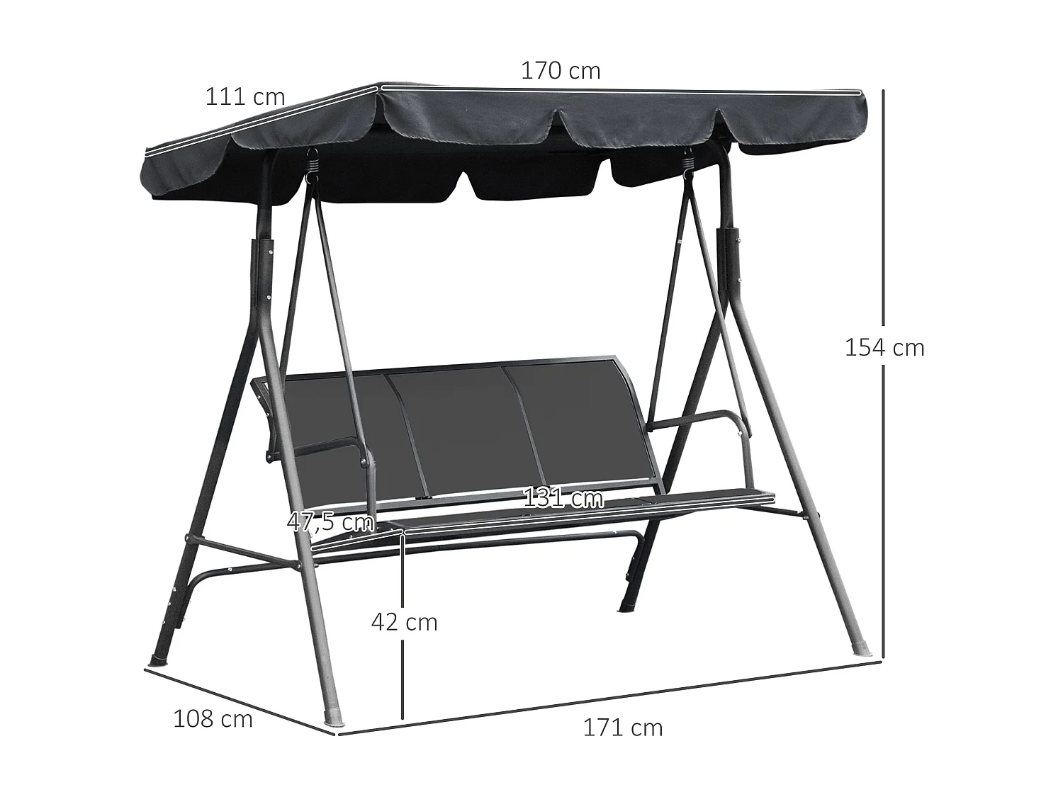 Balancelle de jardin 3 places grand confort toit imperméabilisé inclinaison réglable assise et dossier ergonomique acier textilène gris