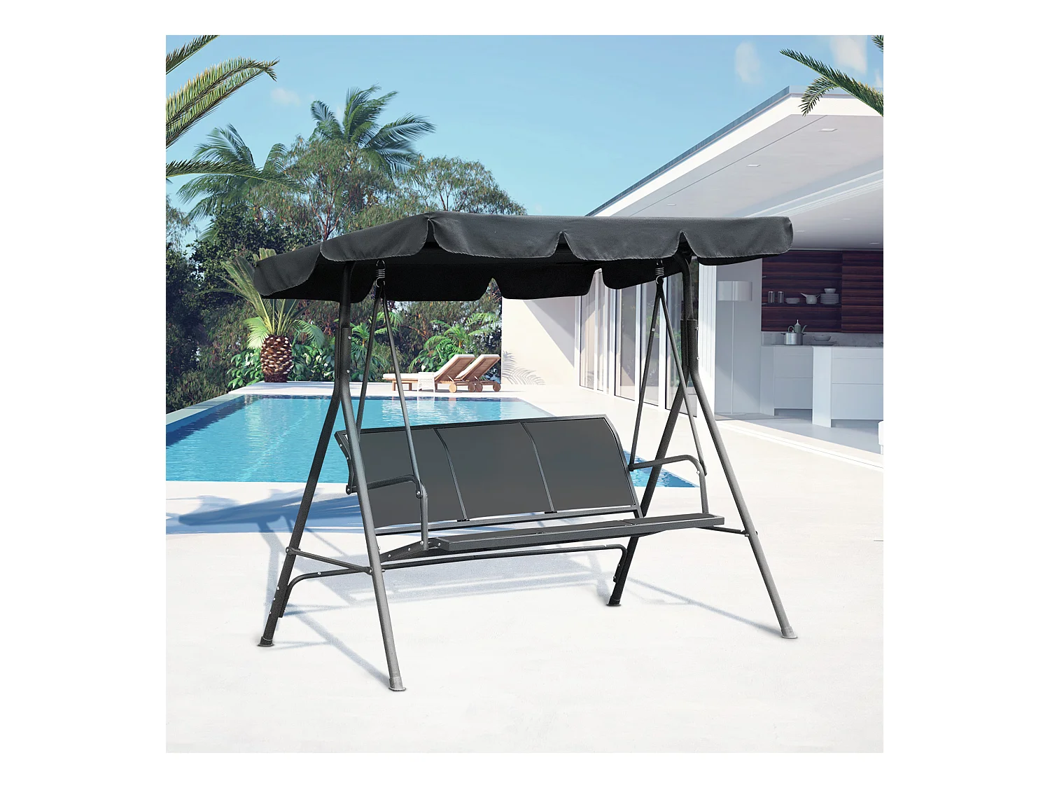 Balancelle de jardin 3 places grand confort toit imperméabilisé inclinaison réglable assise et dossier ergonomique acier textilène gris