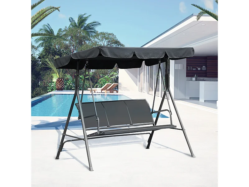 Balancelle de jardin 3 places grand confort toit imperméabilisé inclinaison réglable assise et dossier ergonomique acier textilène gris