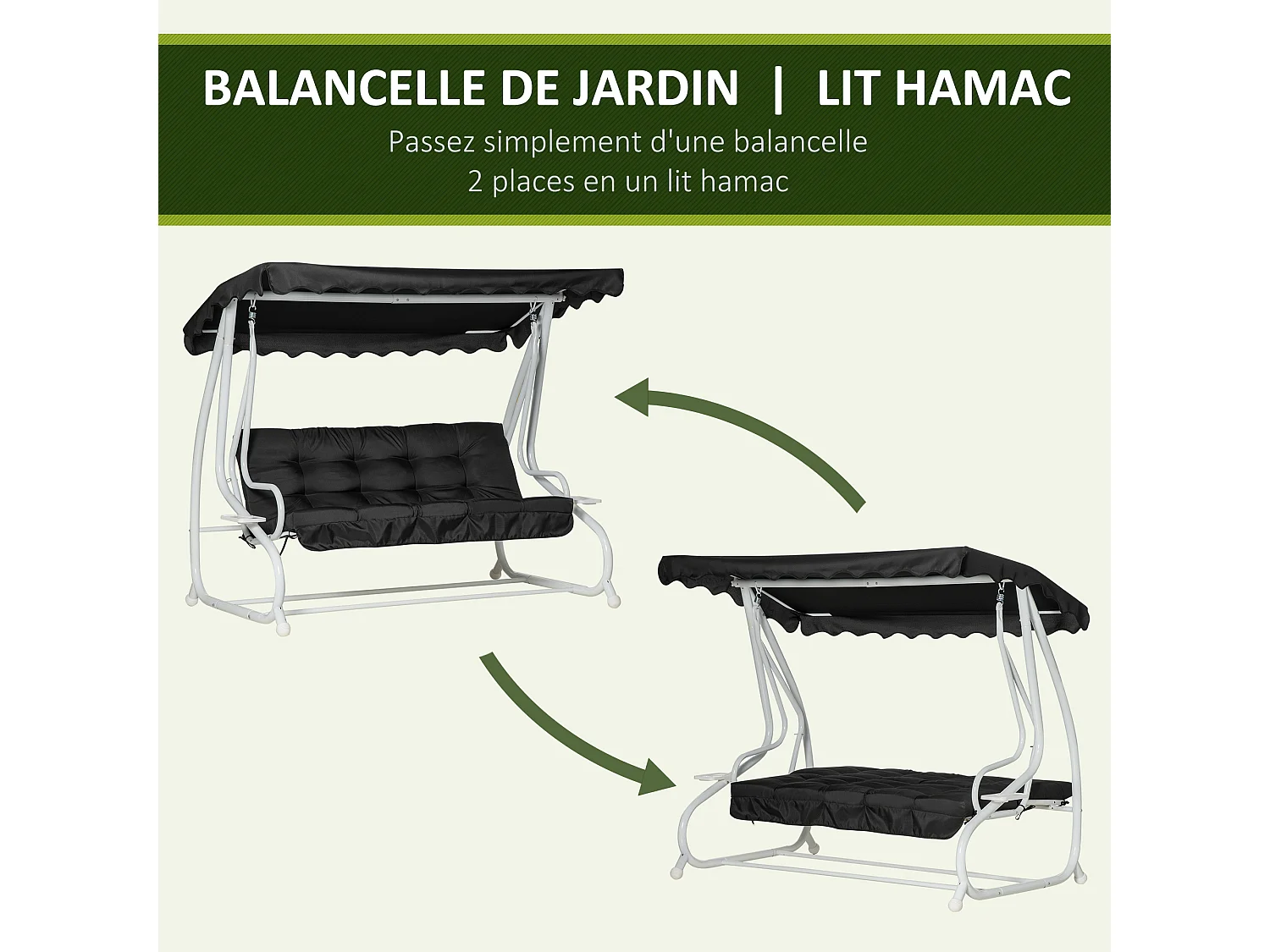 Balancelle de jardin convertible 2 places grand confort toit inclinaison réglable coussins inclus plateaux porte-gobelets acier polyester noir