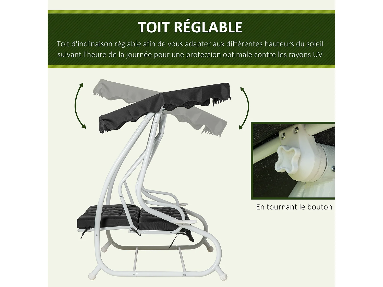 Balancelle de jardin convertible 2 places grand confort toit inclinaison réglable coussins inclus plateaux porte-gobelets acier polyester noir